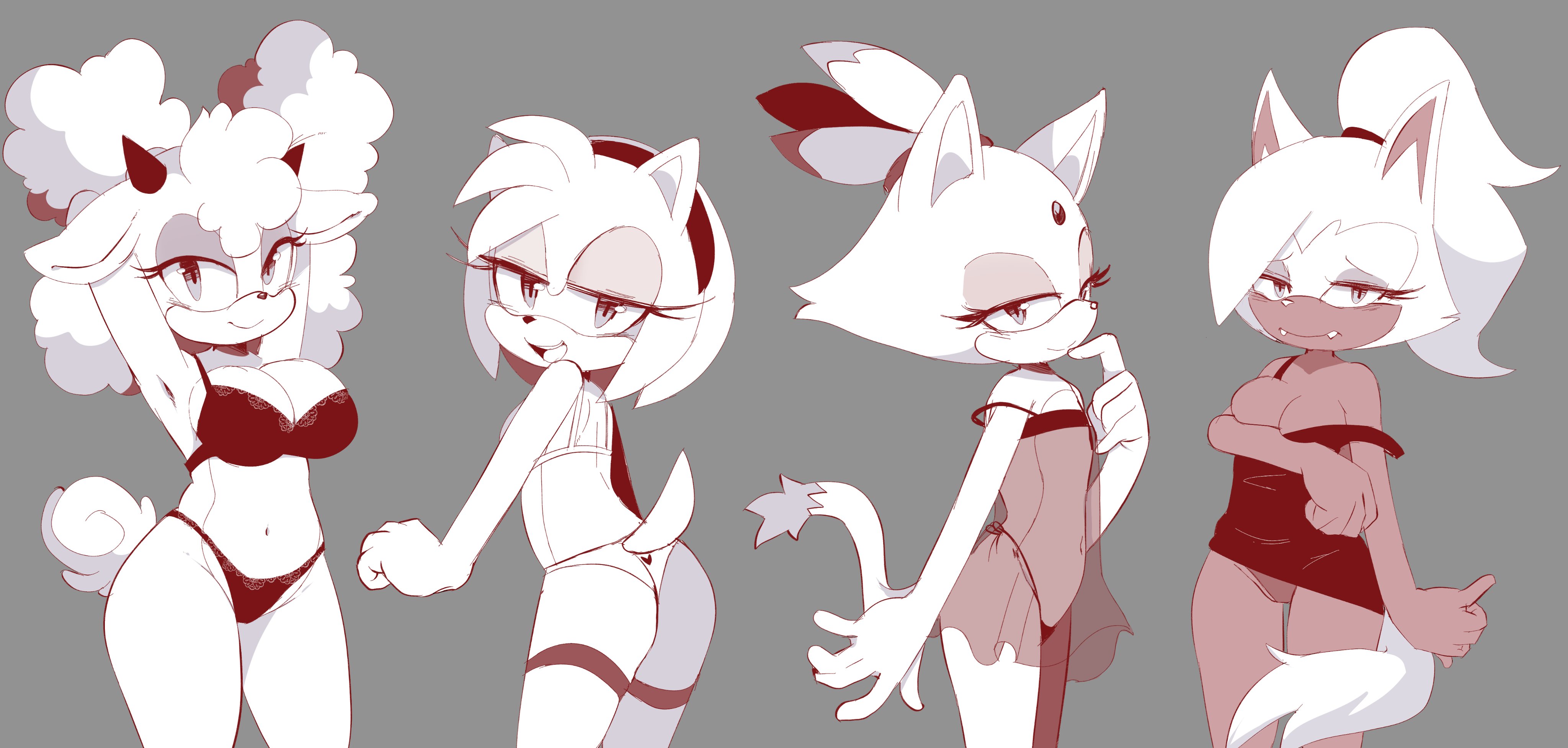 2025, 4girls, amy rose, anthro, ass, bedroom eyes, big breasts, bikini, blaze the cat, bra, breasts, curvy, eyelashes, feline, female, female only, flat chest, fluffy hair, grey background, headband, hedgehog, horns, hourglass figure, lanolin the sheep, lingerie, long tail, looking at viewer, looking back, monochrome, panties, ponytail, quills, red and white, revealing clothes, sheep, short tail, small breasts, smile, sonic (series), sonic the hedgehog (comics), sonic the hedgehog (idw), sonic the hedgehog (series), tenshigarden, tied hair, whisper the wolf, wolf