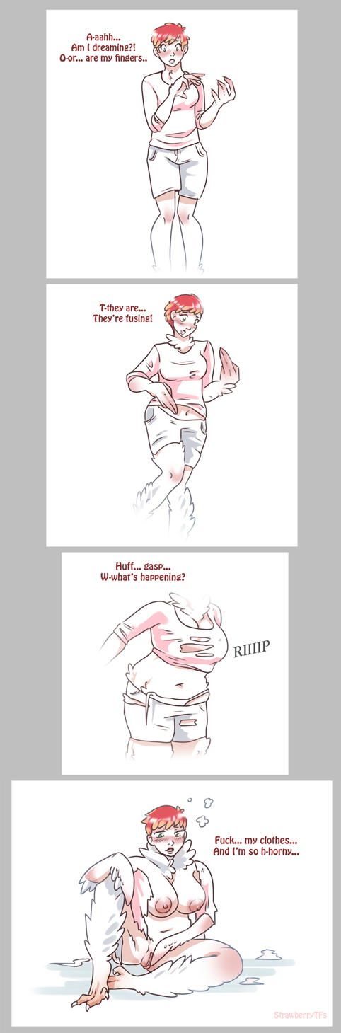 2019 areola artist_name big_breasts blonde_highlights blush border bottomwear breast_expansion breasts breath clothed clothing colored comic dialogue english_text expansion feather_growth feathers feet female fully_clothed genitals green_eyes grey_border growth hair hi_res highlights_(coloring) huge_breasts human human_to_anthro kyla_thompson legs_together looking_at_own_pussy looking_down_at_self mammal navel nipples nude open_mouth panting pussy red_hair sequence shaded shirt shorts simple_background sitting sitting_on_ground solo species_transformation spread_legs spreading standing strawberrytfs talons text toes topwear torn_clothing transformation transformation_sequence white_background white_body winged_arms wings