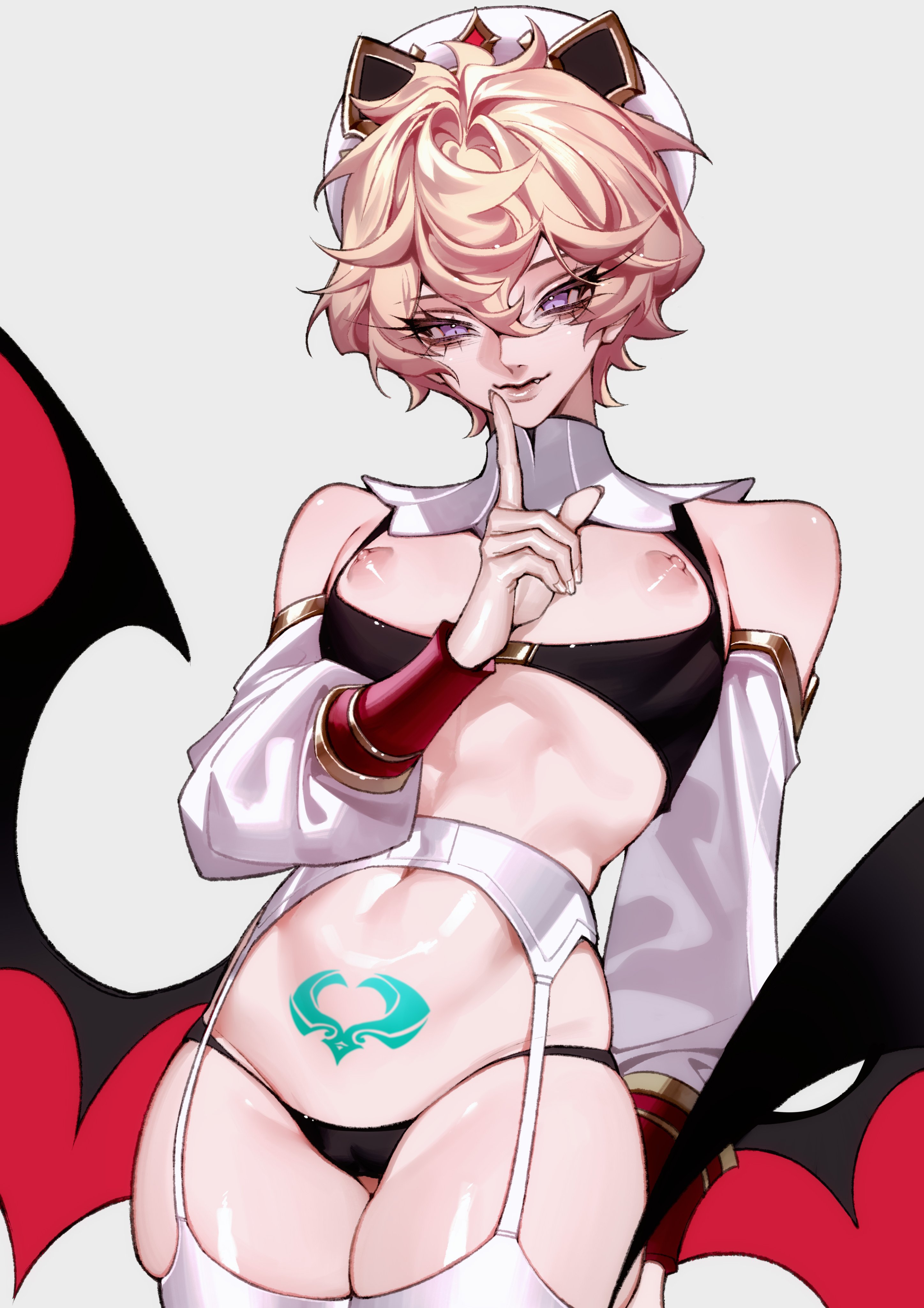 bat, bat wings, cuntboy, dahlia (genshin impact), fang, fangs, femboy, genshin impact, hoyoverse, intersex, male, male only, mihoyo, nipple fetish, nipples, pink hair, purple eyes, solo male, stomach, t0t0mopann, tagme, thigh socks, thighhighs, thighs, thong, tight clothing, tight thigh highs