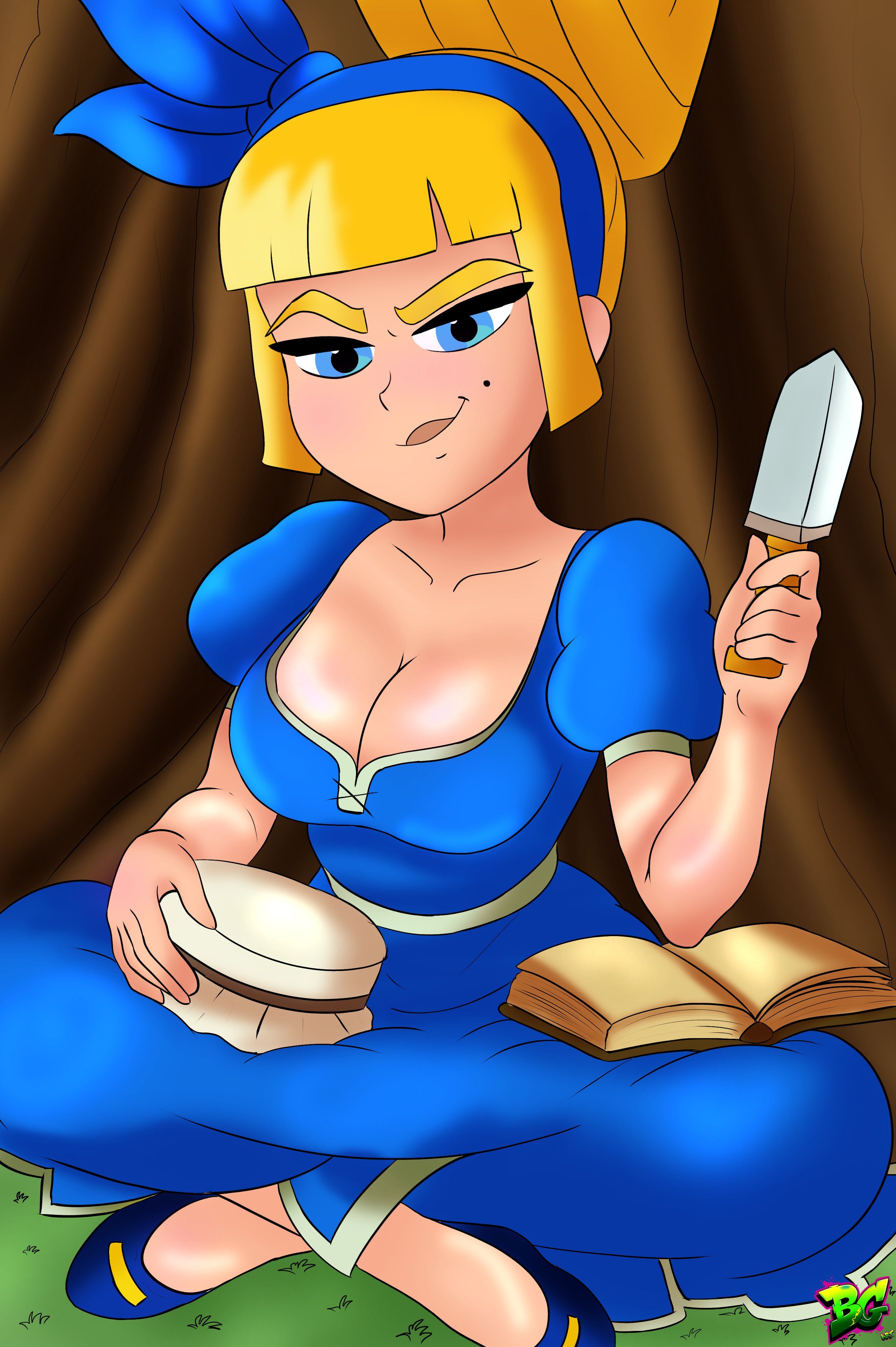 big breasts, blonde female, blonde hair, breasts, clash (series), clash a rama, clash royale, cleavage, cleavage cutout, dagger, dagger duchess (clash royale), design bgart, dress, female, huge breasts, looking at viewer, princess, seductive, seductive look, seductive smile, smirk, smirking, smirking at viewer