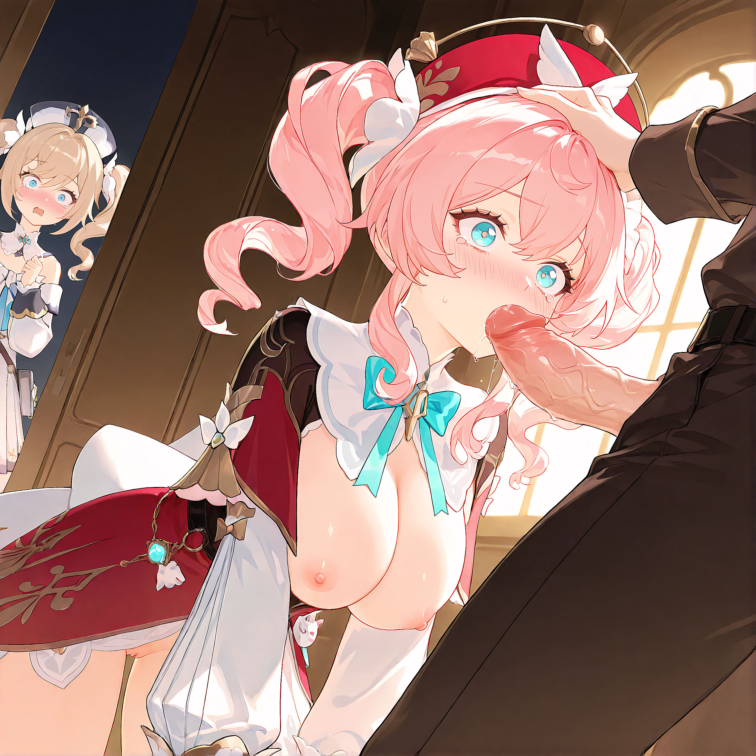 2girls, ai assisted, ai generated, barbara (genshin impact), blonde hair, female, genshin impact, honkai: star rail, hyacine (honkai: star rail), oral, pink hair, tagme, twintails