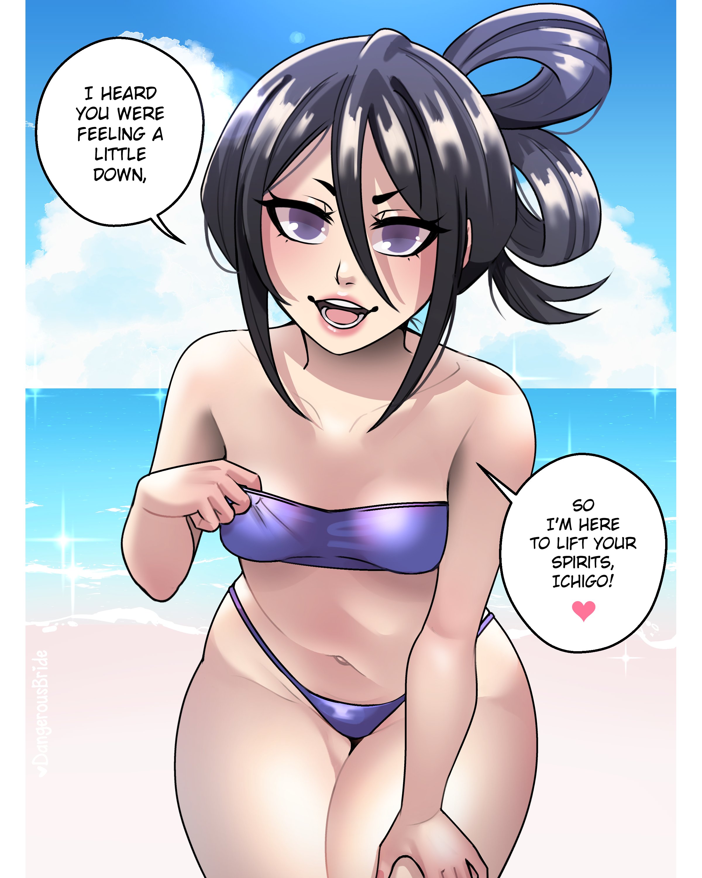 1girls, beach, black hair, bleach, breasts, dangerousbride, dialogue, english text, female, female only, heart, kuchiki rukia, looking at viewer, purple eyes, seaside, small breasts, solo, speech bubble, swimwear, talking to viewer, thick thighs, tied hair, very high resolution