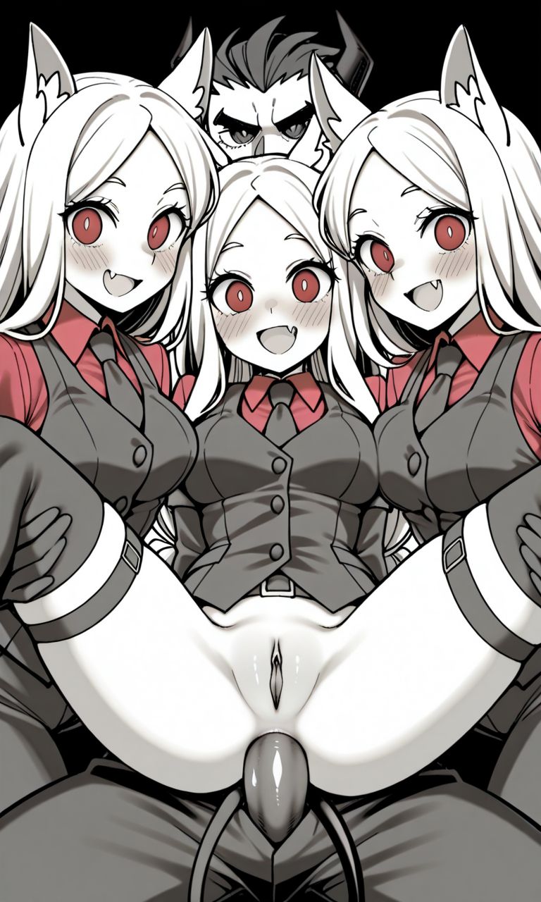 1boy 3girl anal cerberus_(helltaker) female helltaker helltaker_(character) male pussy