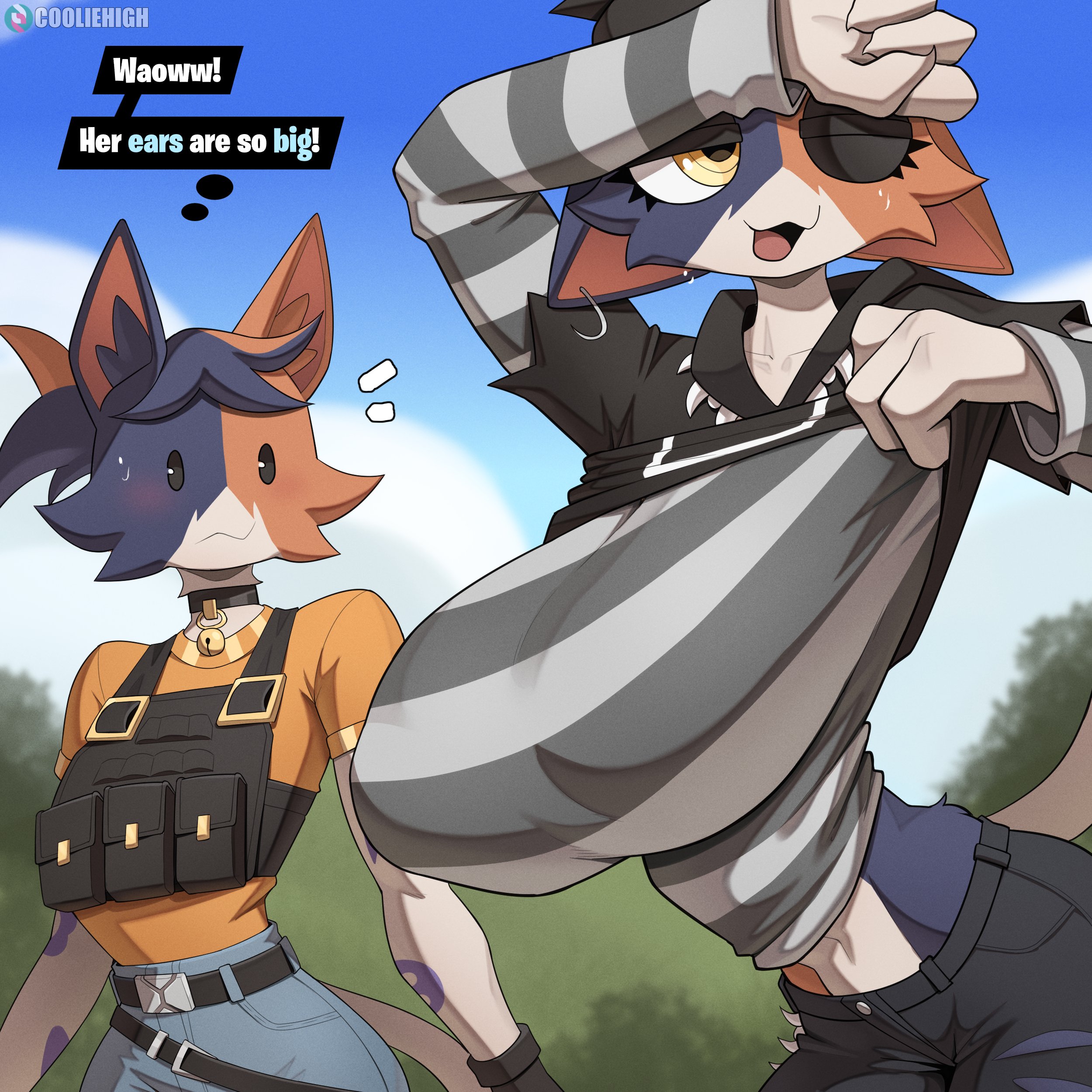 2d, 2girls, anthro, ass, big ass, big breasts, big thighs, blush, breasts, cat ears, cat girl, cat tail, cate meowdy (fortnite), catgirl, cooliehigh, cousin, cousins, cousins (lore), feline, female, fortnite, fur, furry, gigantic breasts, huge breasts, humanoid, jacket, looking at viewer, meow skulls (fortnite), tagme, thick hips, thick thighs, thighs, yellow eyes