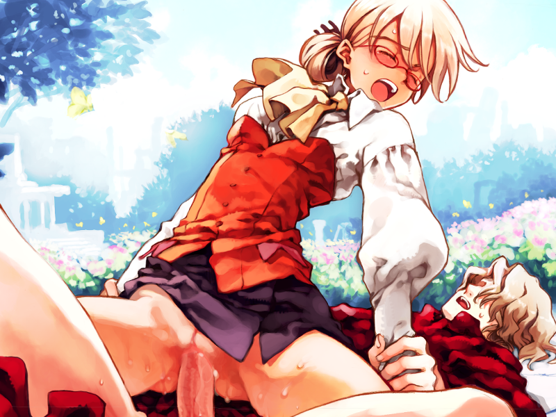 1boy 1girls blonde_hair clothed_sex cowgirl_position female game_cg glasses mariella_grandback ooyari_ashito open_mouth penis pussy reverse_cowgirl_position sex short_hair shoujo_mahou_gaku_little_witch_romanesque straddling tagme vaginal_penetration