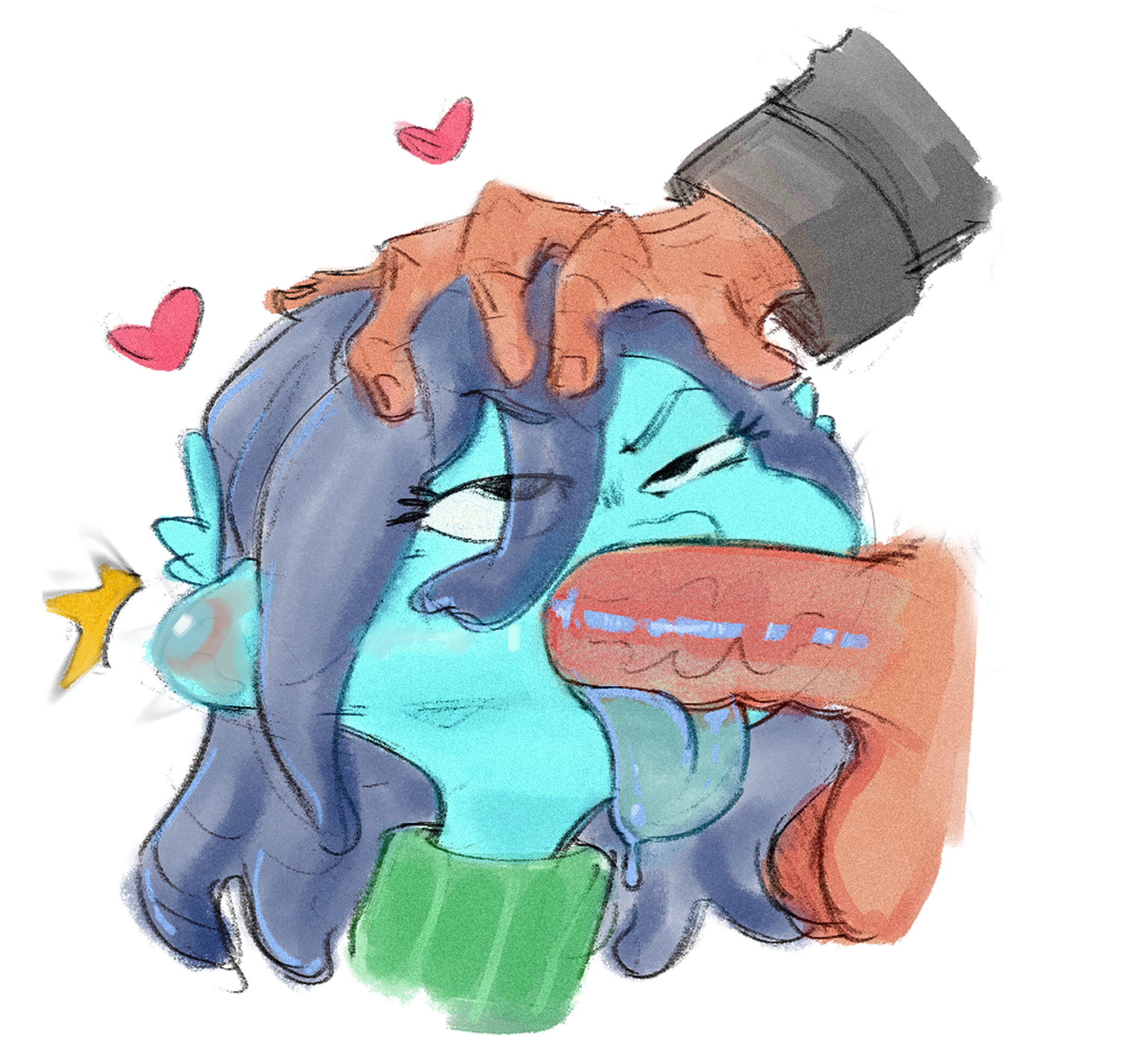 1boy, 1girls, antropomorph, balls, blowjob, blue body, blue hair, blue skin, color, disembodied hand, disembodied penis, eyes rolling back, female, female focus, hand on head, heart, human, humanoid, humanoid penis, interspecies, kraken, light skin, male, male human/female humanoid, male/female, penis, ruby gillman, ruby gillman, teenage kraken, skuunk02, sweater, tongue, tongue out, twitter link, white background