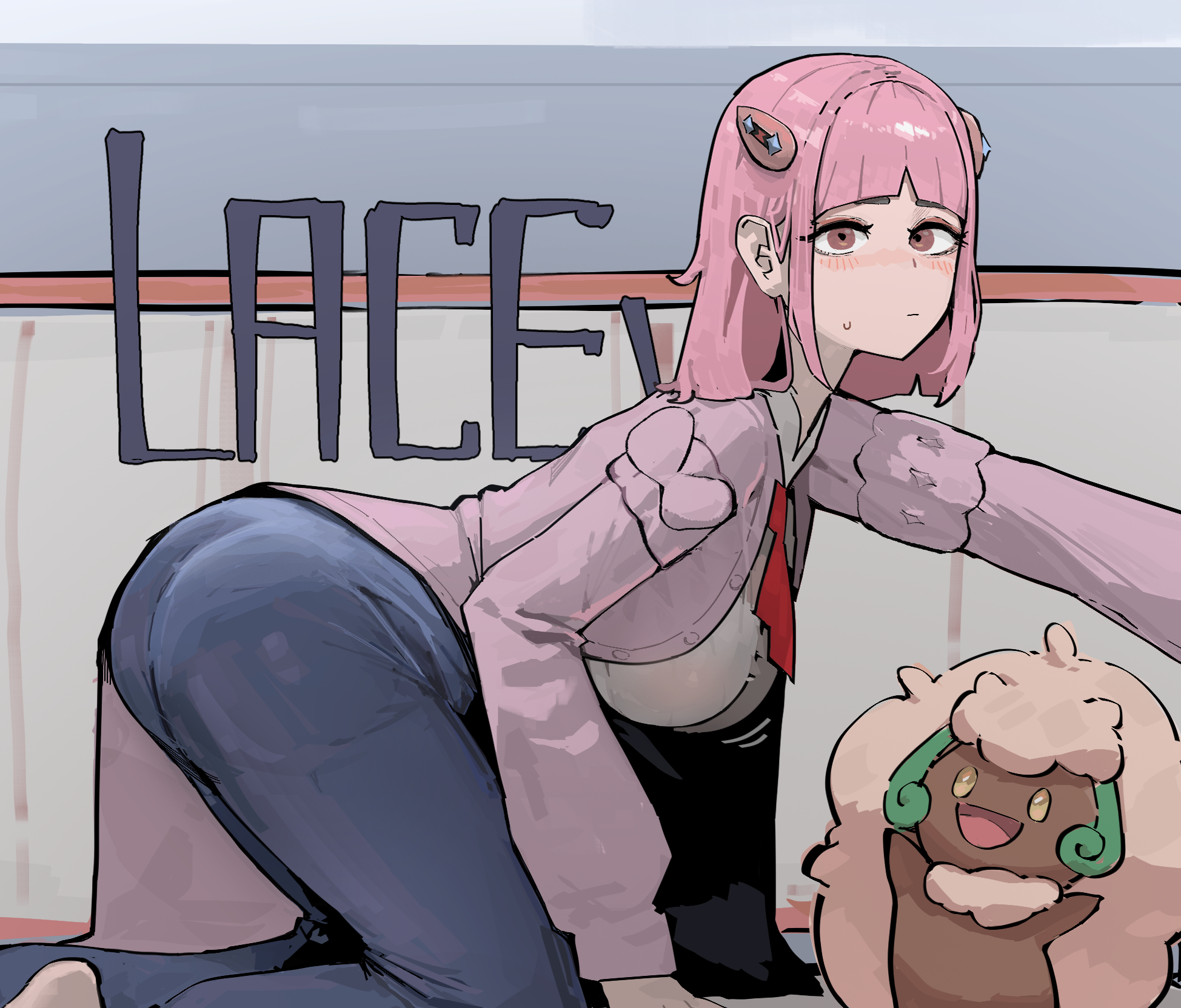 1girls, arched bangs, azz0422, blueberry academy school uniform, blush, cardigan, closed mouth, collared shirt, eyelashes, female, female only, game freak, hair ornament, hairclip, highres, lacey (pokemon), long sleeves, looking at viewer, nintendo, open cardigan, open clothes, pants, pink cardigan, pink eyes, pink hair, pokemon, pokemon (creature), pokemon sv, pokemon sv indigo disk, purple cardigan, school uniform, shirt, short hair, whimsicott, white shirt