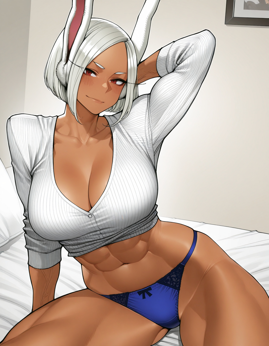 1girls, abs, ai generated, animal ears, athletic female, blue panties, brown skin, brown-skinned female, female, fit female, muscular, muscular female, my hero academia, obliques, panties, rabbit ears, rumi usagiyama, shirt and panties, solo, sweater, toned female, white hair, white sweater, zloimakak