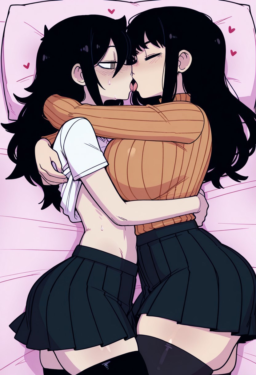 2025, 2girls, ai generated, bigtub7775, chainsaw man, crossover, duo, female, female only, female/female, hearts, hearts around head, kuroki tomoko, stockings, tagme, watashi ga motenai no wa dou kangaetemo omaera ga warui!, yoru (chainsaw man), yuri