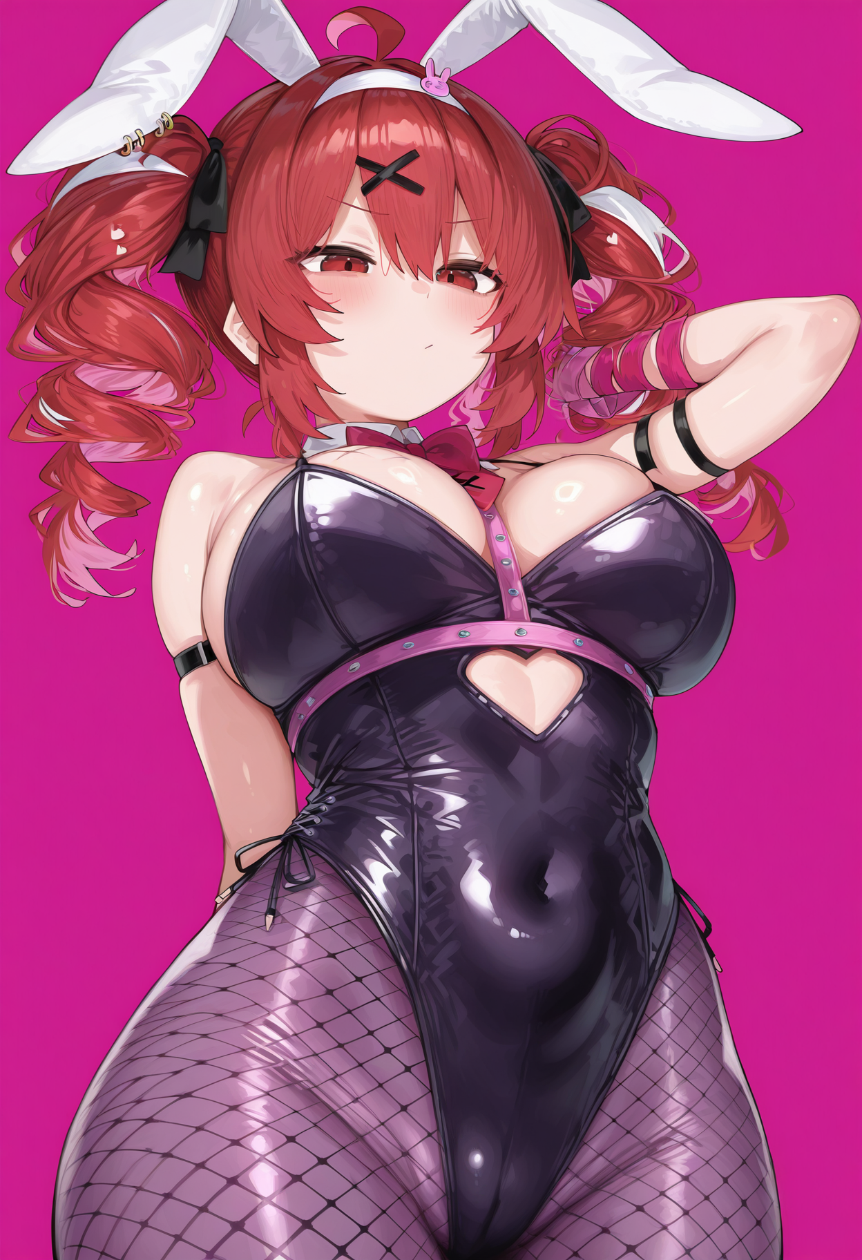 1girls, ahoge, ai generated, big breasts, breasts, bunny ears, bunny girl, bunnysuit, cameltoe, cleavage, detached collar, female, female only, fishnet legwear, fishnets, hachimides, hair ornament, huge breasts, kasane teto, large breasts, latex, low-angle view, navel, navel visible through clothes, playboy bunny, pussy, rabbit hole (vocaloid), red background, red eyes, red hair, skin tight, skindentation, solo, solo female, thick thighs, thighs, tight clothing, twin drills, utau, wide hips