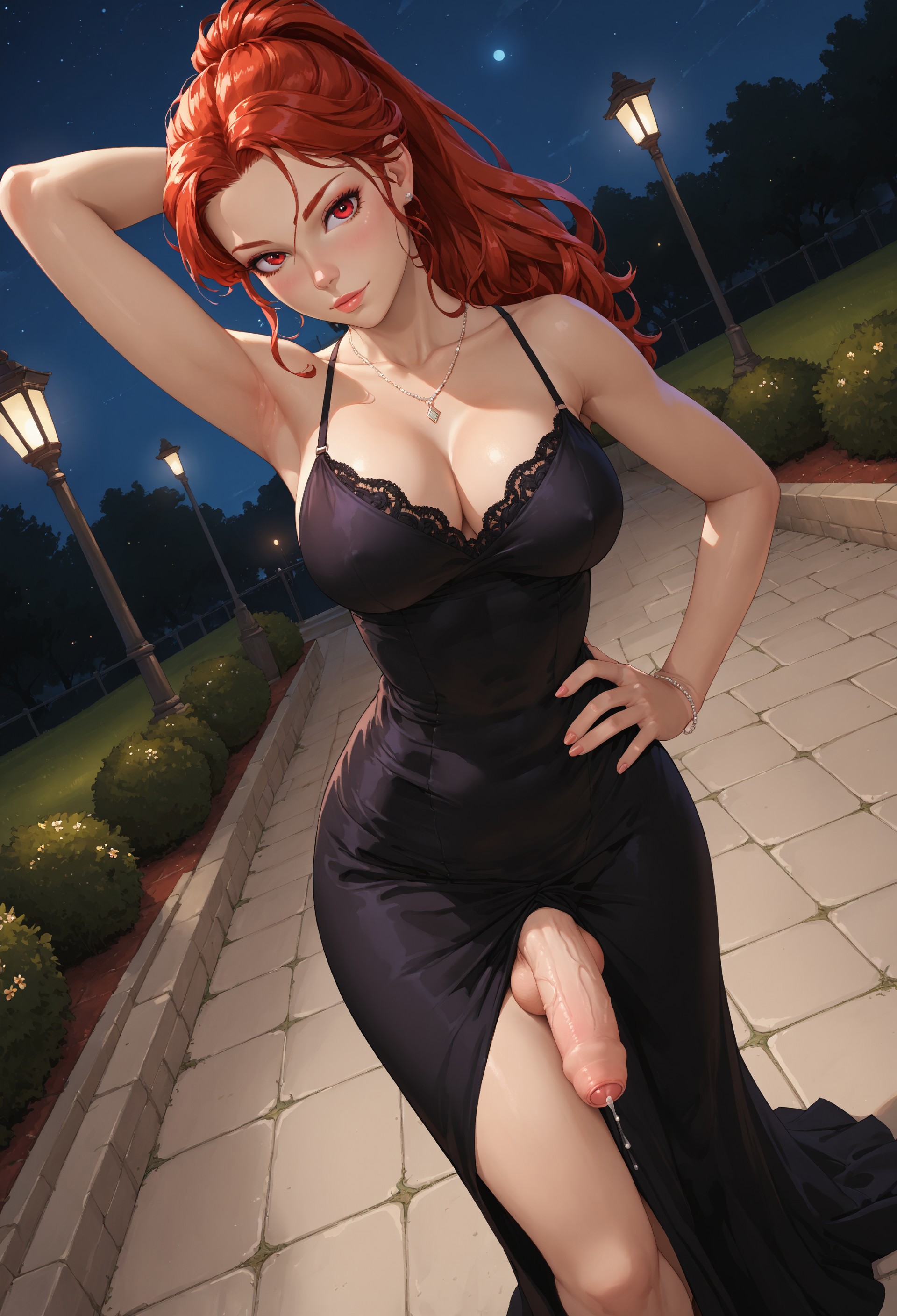 1futa, ai generated, balls, big breasts, big penis, black dress, breasts, cum, dress, dutch angle, evening lady (jamesbron), flaccid, foreskin, futa only, futanari, intersex, jamesbron, large breasts, large penis, long hair, looking at viewer, night, no panties, outdoors, penis, ponytail, precum, precum drip, red eyes, red hair, smile, solo, solo futa, standing, thighs, uncircumcised, uncircumcised futa, uncircumcised penis, wide hips