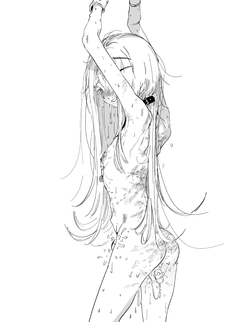 arms up, ass, asuzemu, belt collar, blush, bound, bound arms, breasts, bruise, collar, commentary request, cowboy shot, female, gakuen idolmaster, greyscale, grin, hair ornament, hairclip, idolmaster, injury, long hair, looking at viewer, looking to the side, monochrome, nipple piercing, nipples, piercing, sex toy, shinosawa hiro, simple background, small breasts, smile, solo, very long hair, vibrator, vibrator cord, whip marks, whipped