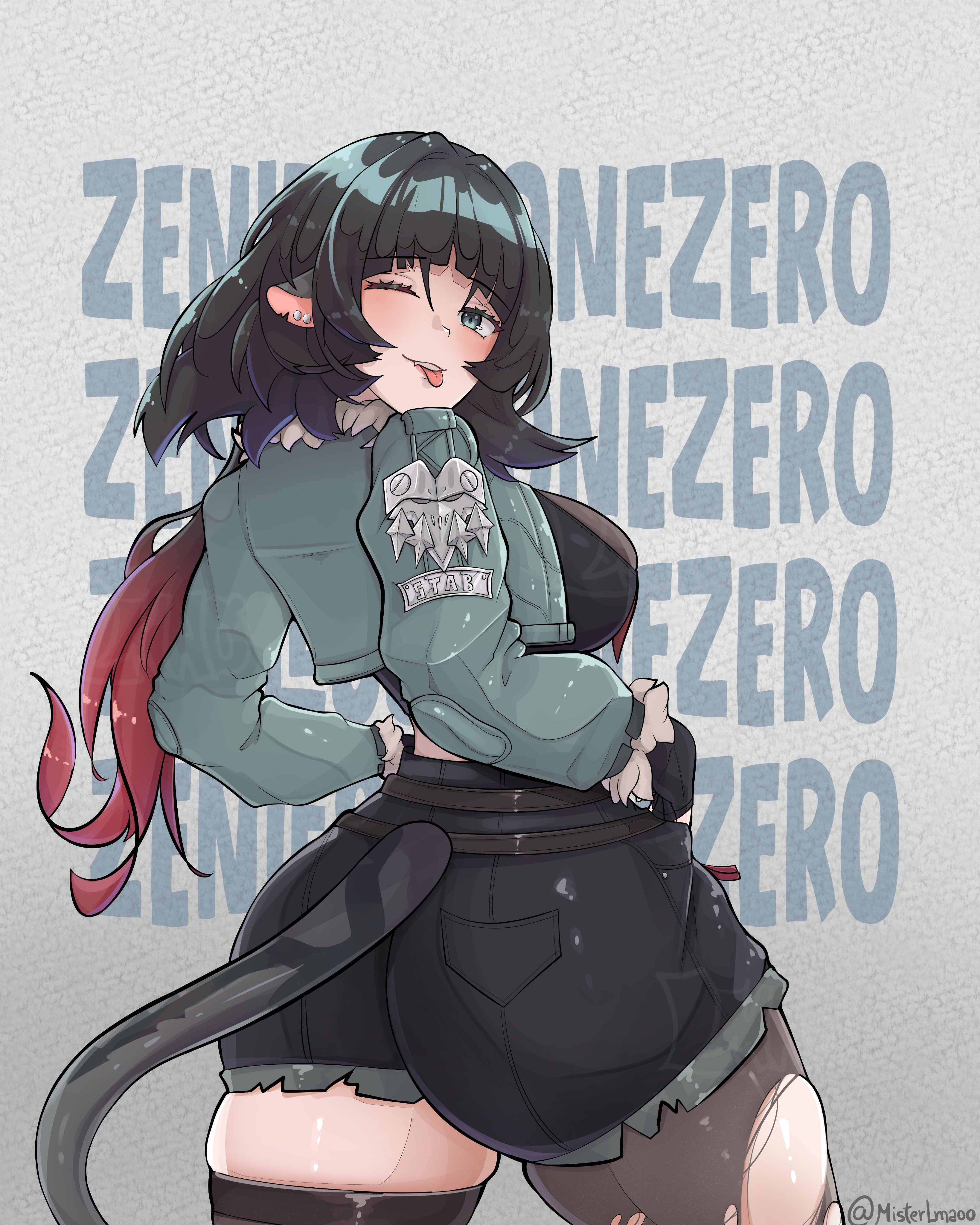 animal ears, animal tail, ass, big ass, big breasts, big butt, big thighs, big titties, breasts, clothing, curvaceous, curvaceous female, curvaceous figure, curvy, curvy figure, curvy hips, female, female focus, female only, jane doe (zenless zone zero), looking at viewer, looking back, mihoyo, misterlmaoo, rat ears, rat girl, rat tail, rodent, short hair, tail, thick thighs, thigh highs, thiren, tongue out, zenless zone zero