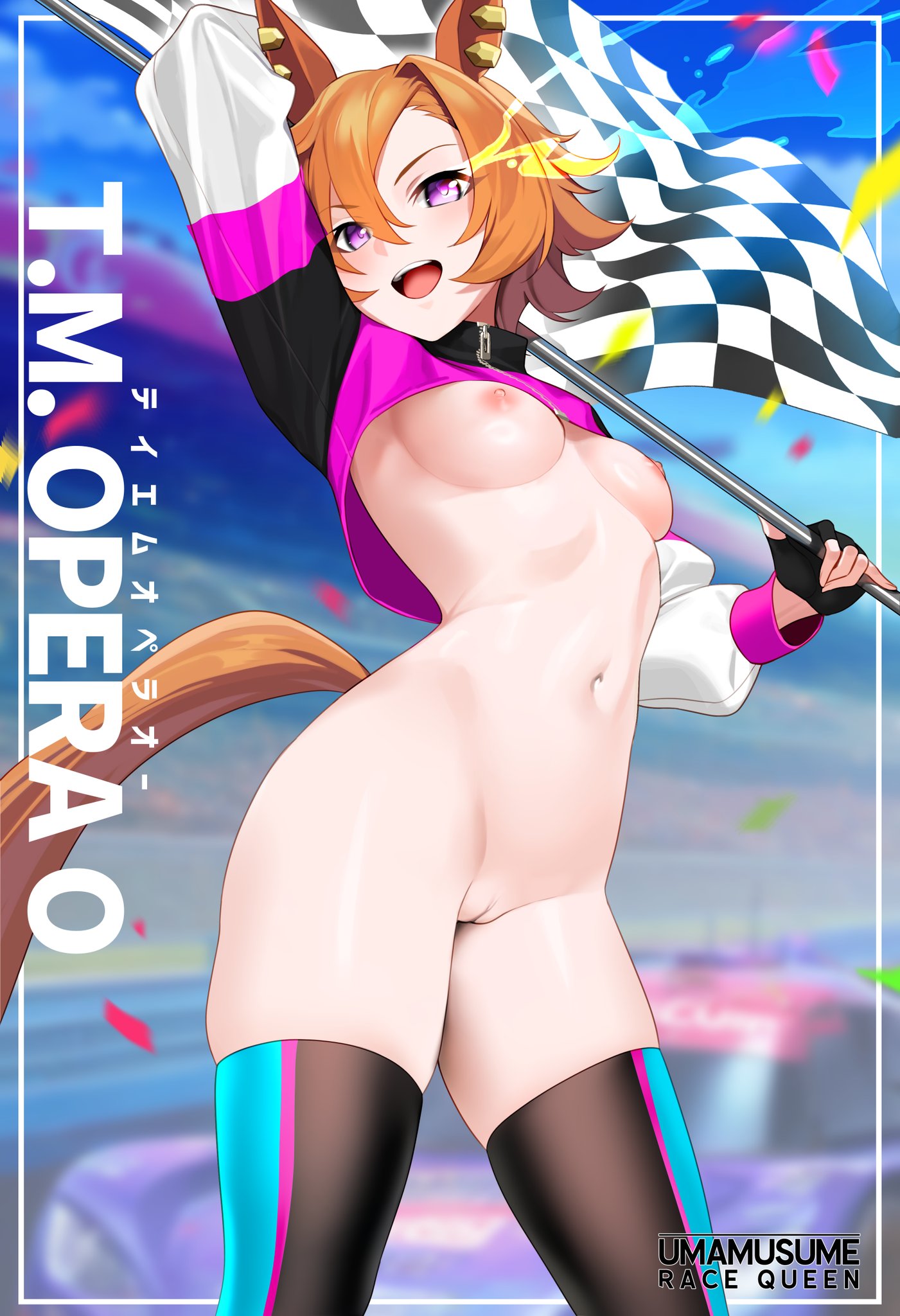 animal_ears arm_up black_thighhighs blurry blurry_background bottomless breasts car commentary_request cowboy_shot cropped_jacket ear_piercing female highres holding holding_umbrella horse_ears horse_girl horse_tail motor_vehicle navel nipples orange_hair outdoors piercing purple_eyes pussy race_queen short_hair small_breasts solo stomach t.m._opera_o_(umamusume) tail thighhighs ugohato umamusume umbrella uncensored