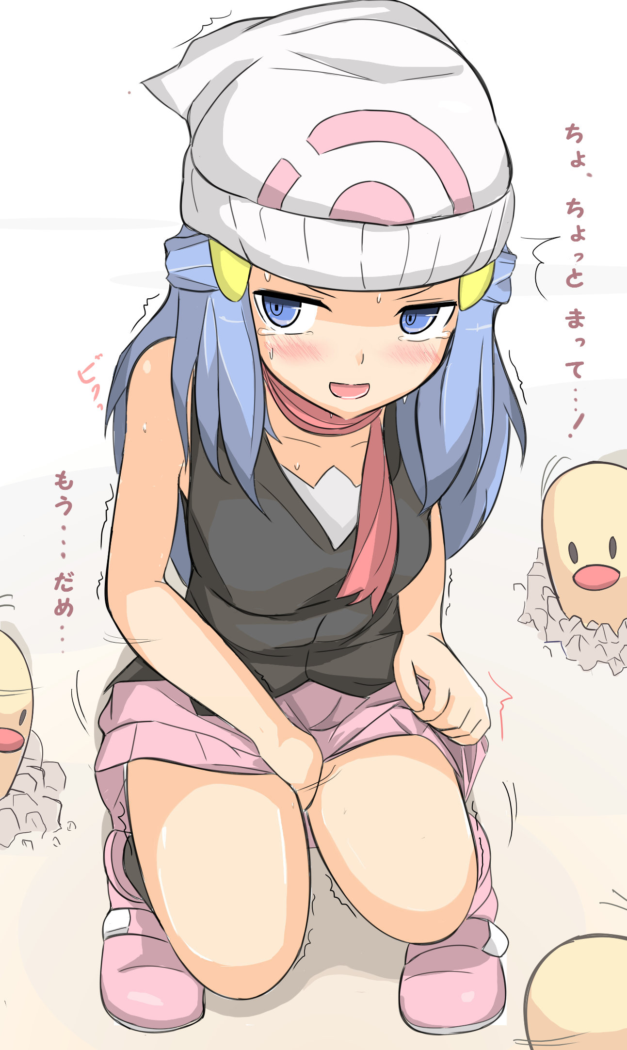 artist request, beanie, blue eyes, blue hair, blush, boots, dawn (pokemon), diglett, empty eyes, female, fingering, hat, highres, human, long hair, masturbation, nintendo, open mouth, pokemon, scarf, solo, sweat, tears, trembling
