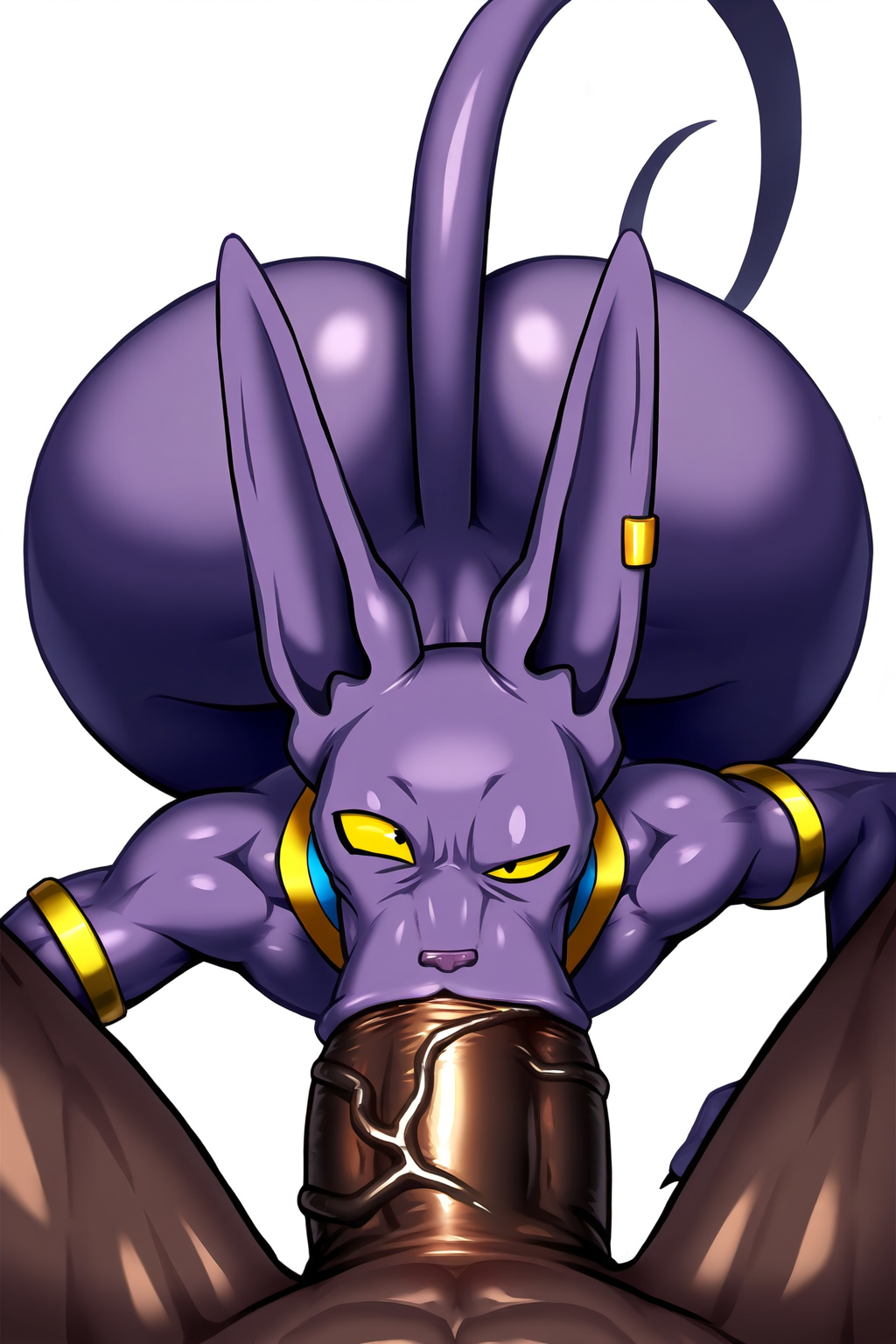 ai_generated beerus dark-skinned_male dragon_ball_super fellatio huge_ass huge_cock stretched_mouth
