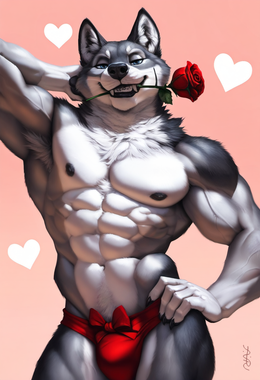 1boy 2025 abs ai_generated anthro armpits athletic athletic_anthro athletic_male avaru biceps black_nipples bulge canid canine canis fangs fur grey_body grey_fur male male_focus mammal muscular muscular_male navel nipples rose_in_mouth seductive_look seductive_smile simple_background solo tuft wolf
