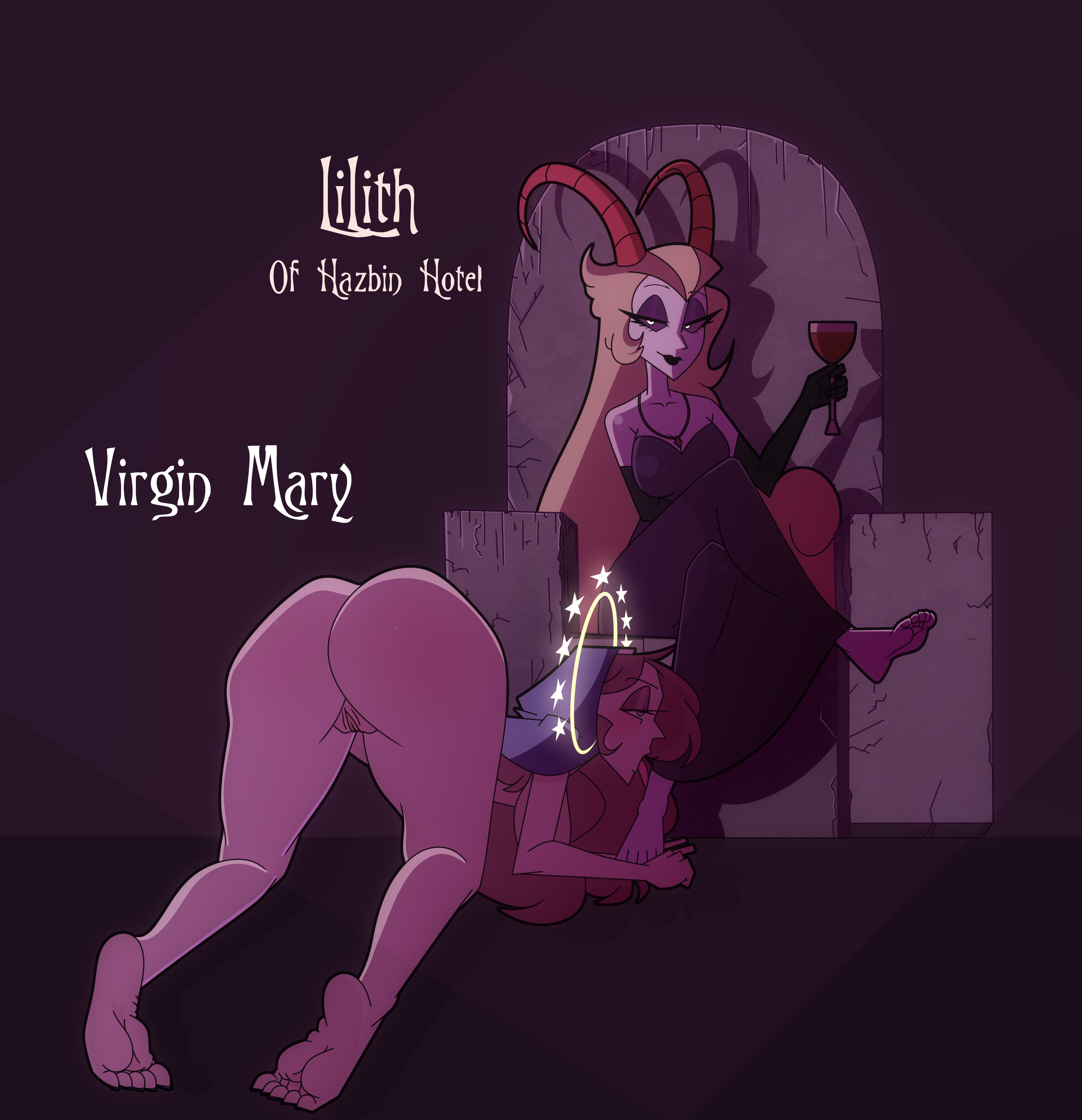 2girls, angel, angel girl, bible, blue eyes, breasts, brown hair, demon, demon girl, feet, feet licking, feet worship, female, female only, ghostlyhill, halo, hazbin hotel, human, lilith morningstar (hazbin hotel), long hair, married, mature, milf, mother, pale skin, pale-skinned female, parody, religion, submissive female, veil, virgin, virgin mary, yuri