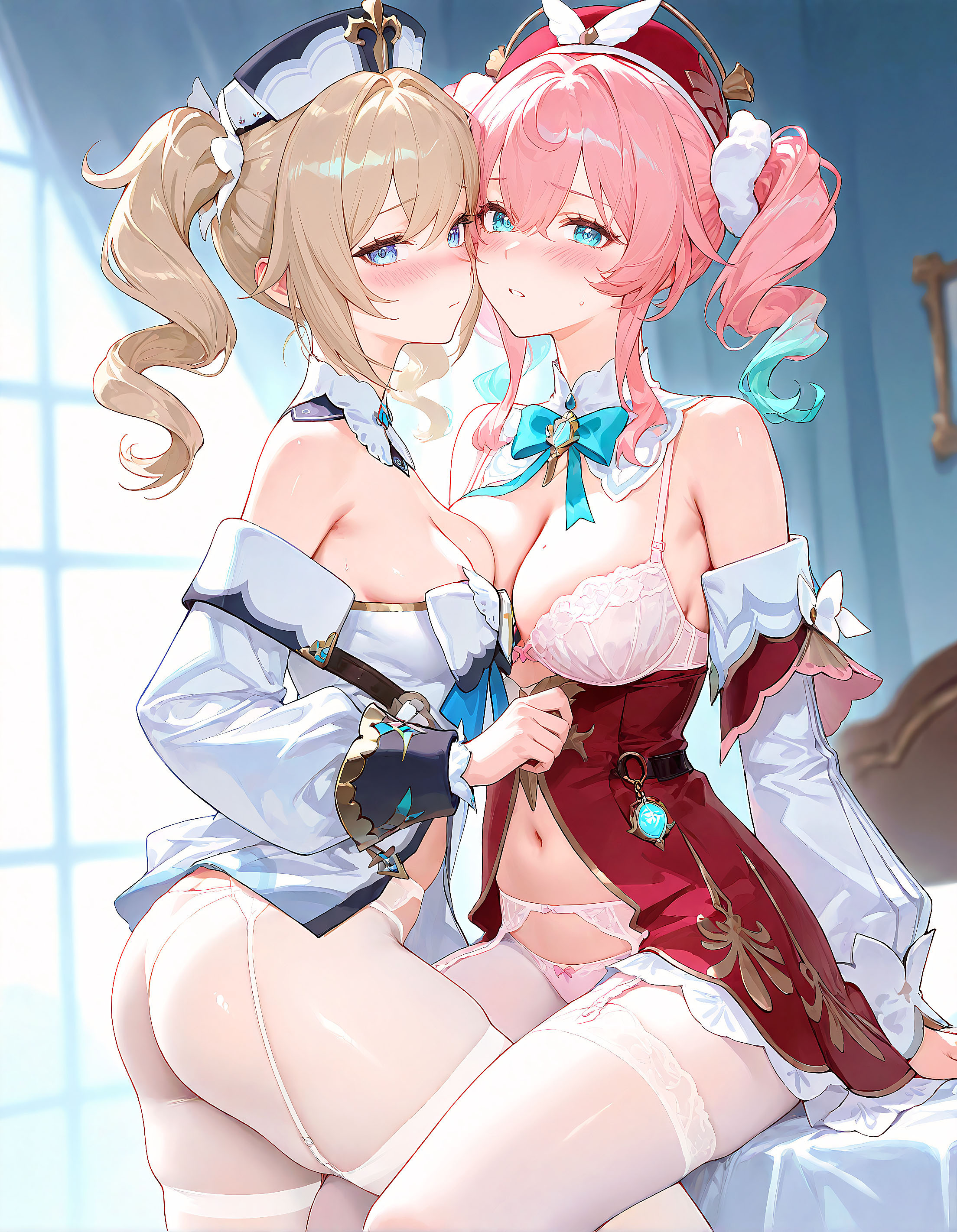 2girls, ai assisted, ai generated, barbara (genshin impact), blonde hair, female, genshin impact, honkai: star rail, hyacine (honkai: star rail), pink hair, tagme, twintails