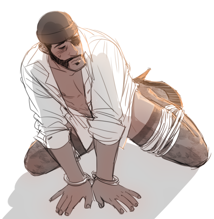 beanie blush crossdressing dark-skinned_male dark_skin demoman embarrassed essor0706 handcuffs high_heels kneeling lace no_panties no_underwear open_shirt solo solo_male spread_legs submissive submissive_male sweat team_fortress_2 thighhighs