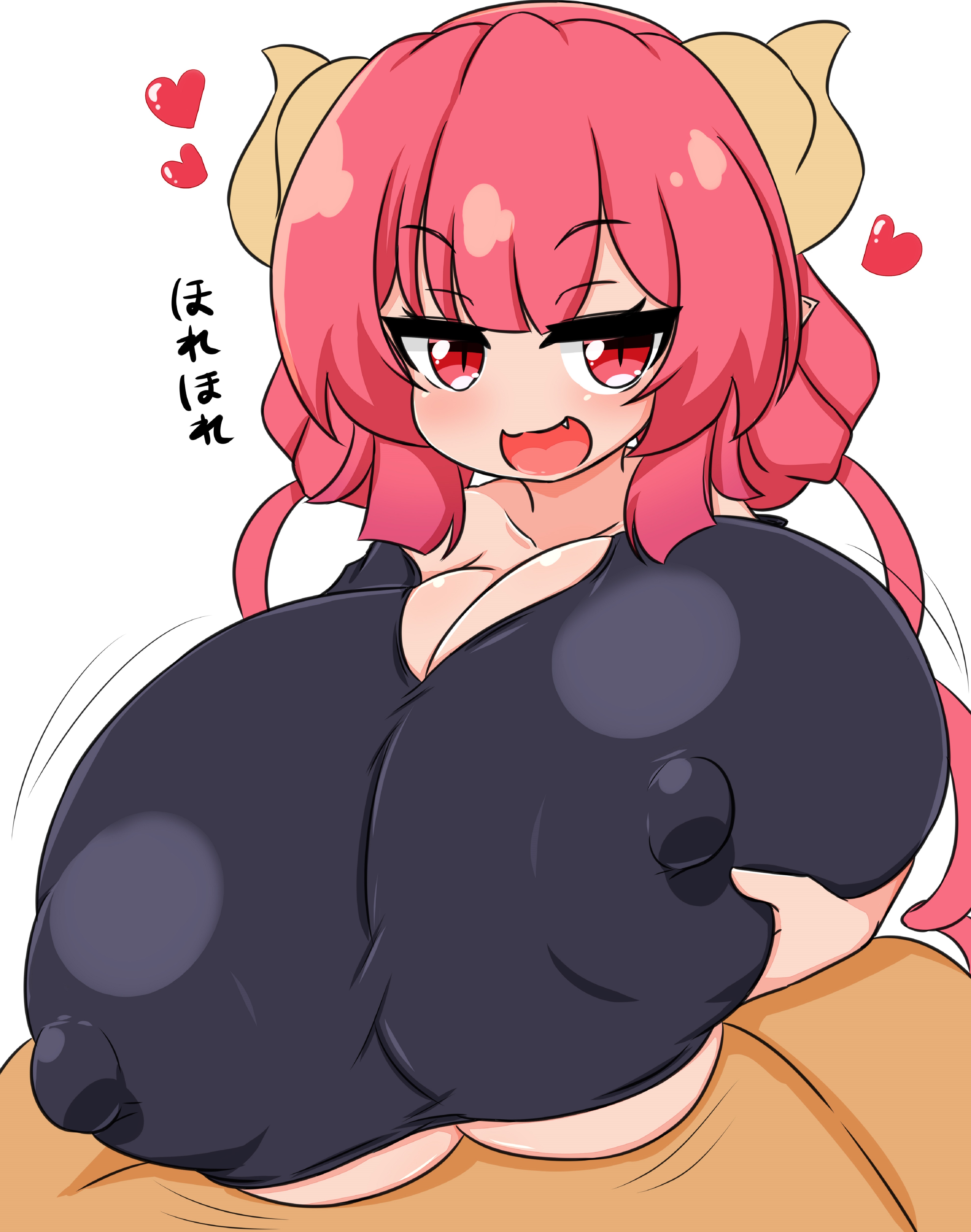 big breasts, big nipples, bimbo, breasts, dragon maid, enormous breasts, female, gigantic areolae, gigantic breasts, horns, huge breasts, huge nipples, hyper breasts, ilulu, ilulu (dragon maid), ilulu (maidragon), ilulu (miss kobayashi's dragon maid), kobayashi-san chi no maidragon, large breasts, large nipples, looking at viewer, male, male pov, massive breasts, miss kobayashi's dragon maid, moyashi udon, nipple bulge, nipples, nipples visible through clothing, paizuri, paizuri under clothes, pink hair, pov, short stack, shortstack, smug, tight clothes, tight clothing, tight shirt