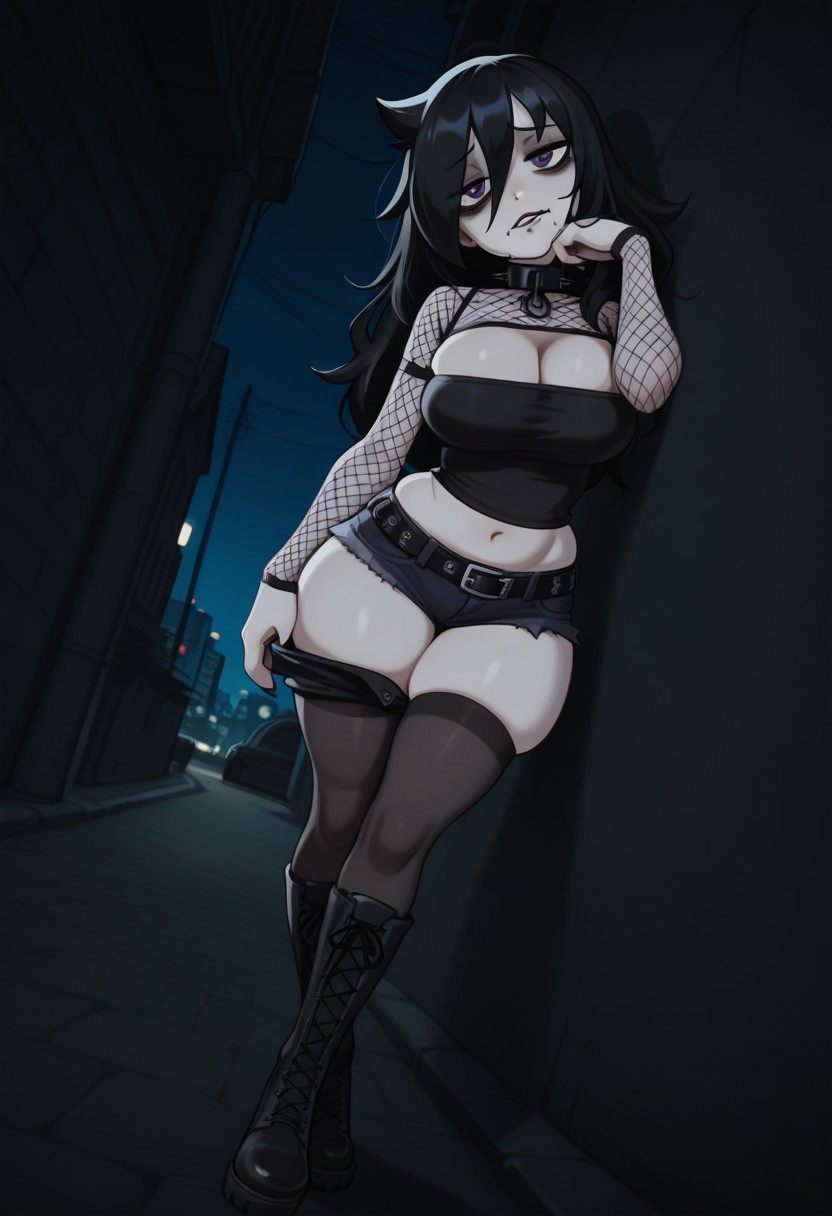 1girls, 2025, ai generated, alley, bigtub7775, black lipstick, female, female only, goth, goth girl, kuroki tomoko, looking at viewer, pulling down leggings, solo, solo female, tagme, watashi ga motenai no wa dou kangaetemo omaera ga warui!