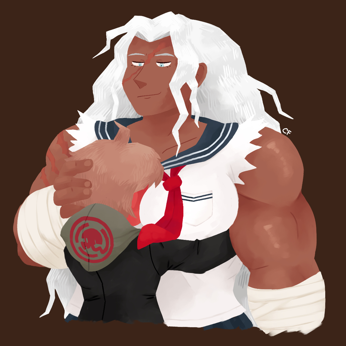 1:1, 1boy, 1girls, bandage, bandaged arm, bandages, biceps, big muscles, bigger female, blue eyes, blush, blushing profusely, breasts, brown hair, clothed, clothed female, clothed male, clothes, clothing, color, colored, danganronpa, danganronpa: trigger happy havoc, dark skin, dark-skinned female, digital drawing (artwork), digital media (artwork), face in breasts, female, hand on head, haveachunkyday, light skin, light-skinned male, long hair, looking down, male, male/female, muscles, muscular, muscular female, naegi makoto, oogami sakura, pale skin, pale-skinned male, sailor collar, sailor uniform, scar, scars, school uniform, short hair, simple background, smaller male, smirk, smirking, straight, white hair