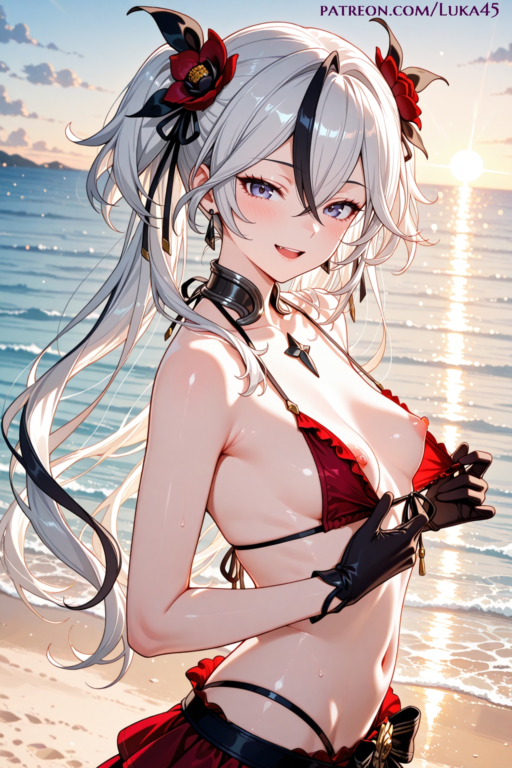 ai generated, armpit, beach, bikini, black hair, blue eyes, breasts, camellya (wuthering waves), feline, female, gloves, grey eyes, looking at viewer, luka45, multicolored hair, navel, nipples, ocean, patreon, patreon reward, patreon url, patreon username, sand, smile, smiling, smiling at viewer, summer, twintails, white hair, wuthering waves
