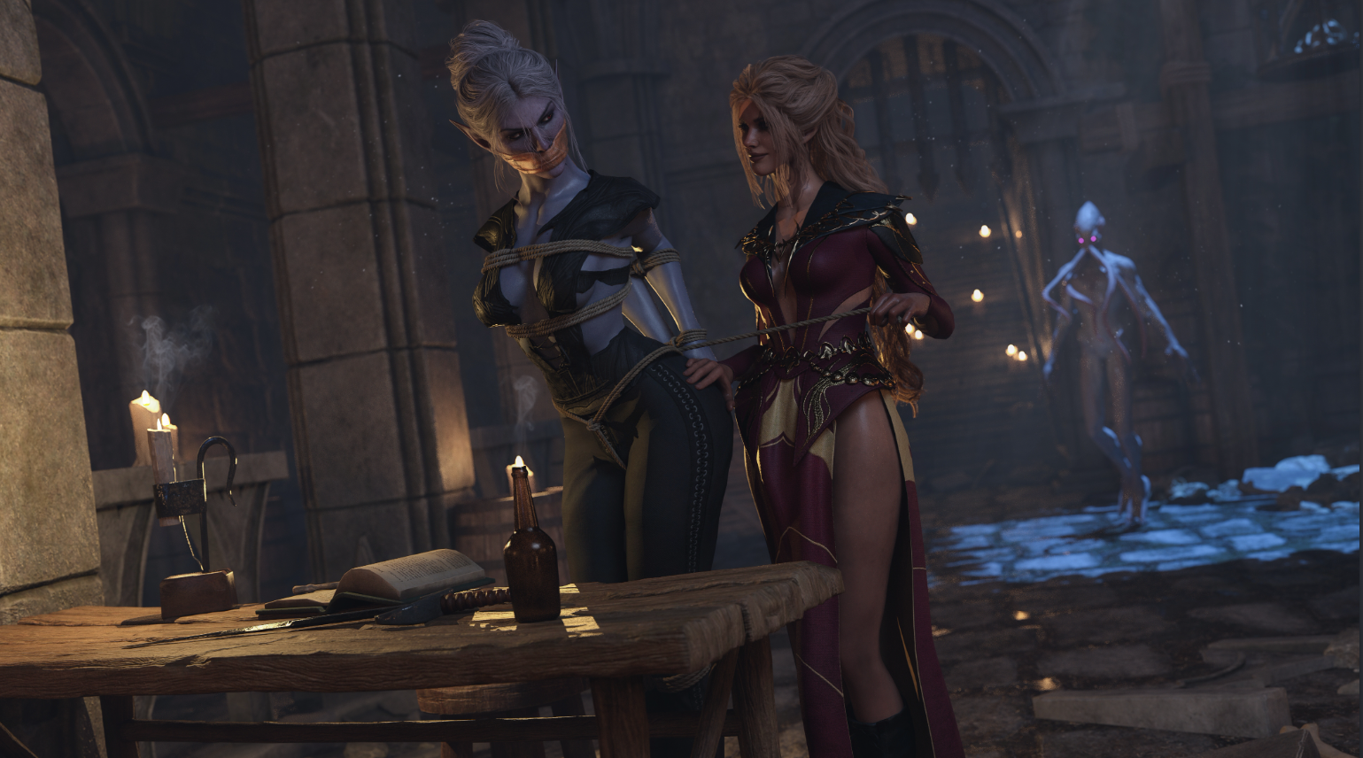 2girls, 3d, ass, bad end, baldur's gate, baldur's gate 3, black leather, blonde hair, bondage, candles, caucasian, caucasian female, curly hair, drow, drow (dnd), dungeon, dungeons and dragons, elf, elf ears, fantasy, female, female on female, gagged, grabbing ass, grey skin, hand on ass, human, illithid, imminent rape, kidnapped, kidnapping, larian studios, looking at each other, mind flayer, minthara, red eyes, rope, sex slave, sketch page, smoke, tav (baldur's gate), tav (baldur's gate) (female), tied hair, tied up, wavy hair, white hair
