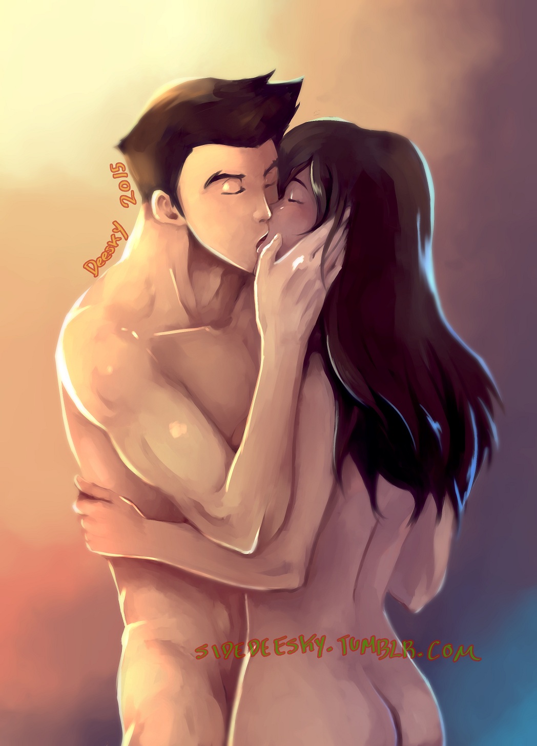 1boy 1girls avatar_legends back_view dark-skinned_female dark_skin deesky female hugging interracial kissing korra mako male nude smooth_skin straight the_avatar the_legend_of_korra water_tribe