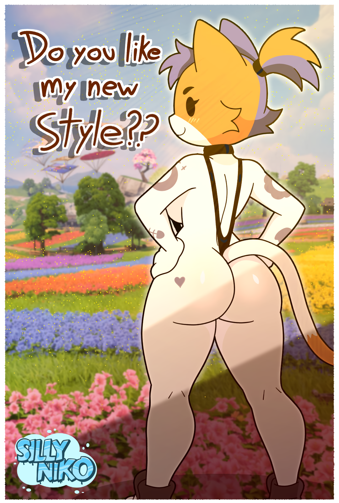 1girls, 2d, anthro, ass, ass focus, back view, bare shoulders, big ass, big butt, bikini, blush lines, breasts, calico cat, cat ears, cat humanoid, cat tail, cate meowdy (fortnite), collar, dialogue, english, english text, epic games, felid, feline, female, female only, fortnite, fortnite: battle royale, fur, furry, furry female, furry only, hands on hips, sillyniko, sling bikini, smile, solo, solo female, standing, tagme, tail, tattoo, tattoo on butt, tattooed arm, tattoos, text, thighs