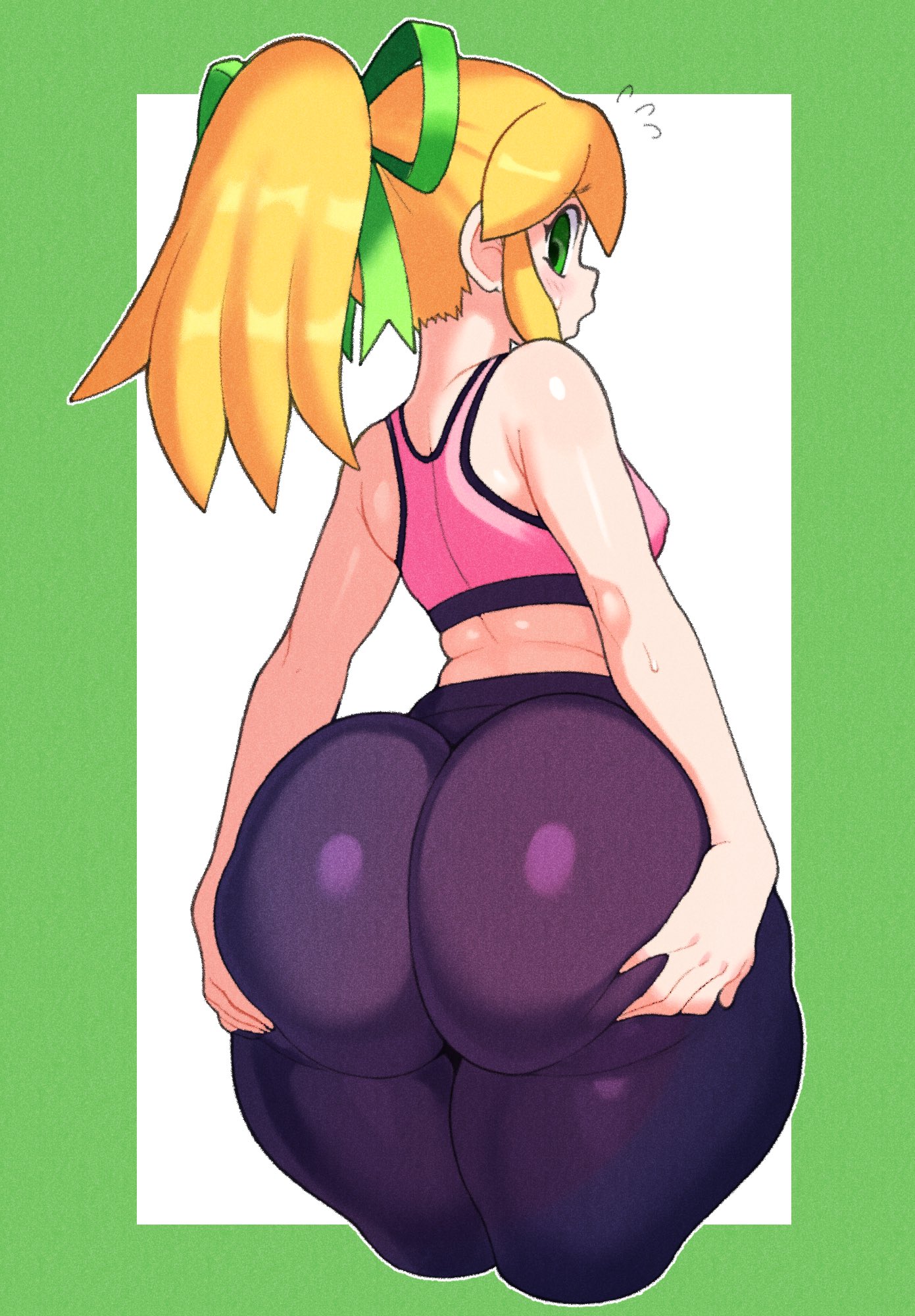 1girls, ass, big ass, big butt, blonde hair, blush, champchidi, fat ass, female, female only, green eyes, hair ribbon, highres, huge ass, long hair, looking at viewer, mega man (series), open mouth, ponytail, ribbon, robot, robot girl, roll, solo, sports bra, wide hips