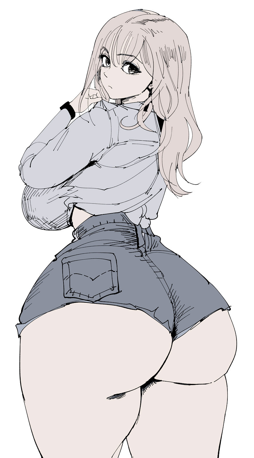 1girls, ass focus, ass hanging out, ass hanging out of shorts, booty shorts, character request, curvy, female, female only, from behind, fully clothed, hoodie, huge ass, looking back, short shorts, shorts, thick thighs, wide hips, yuta agc