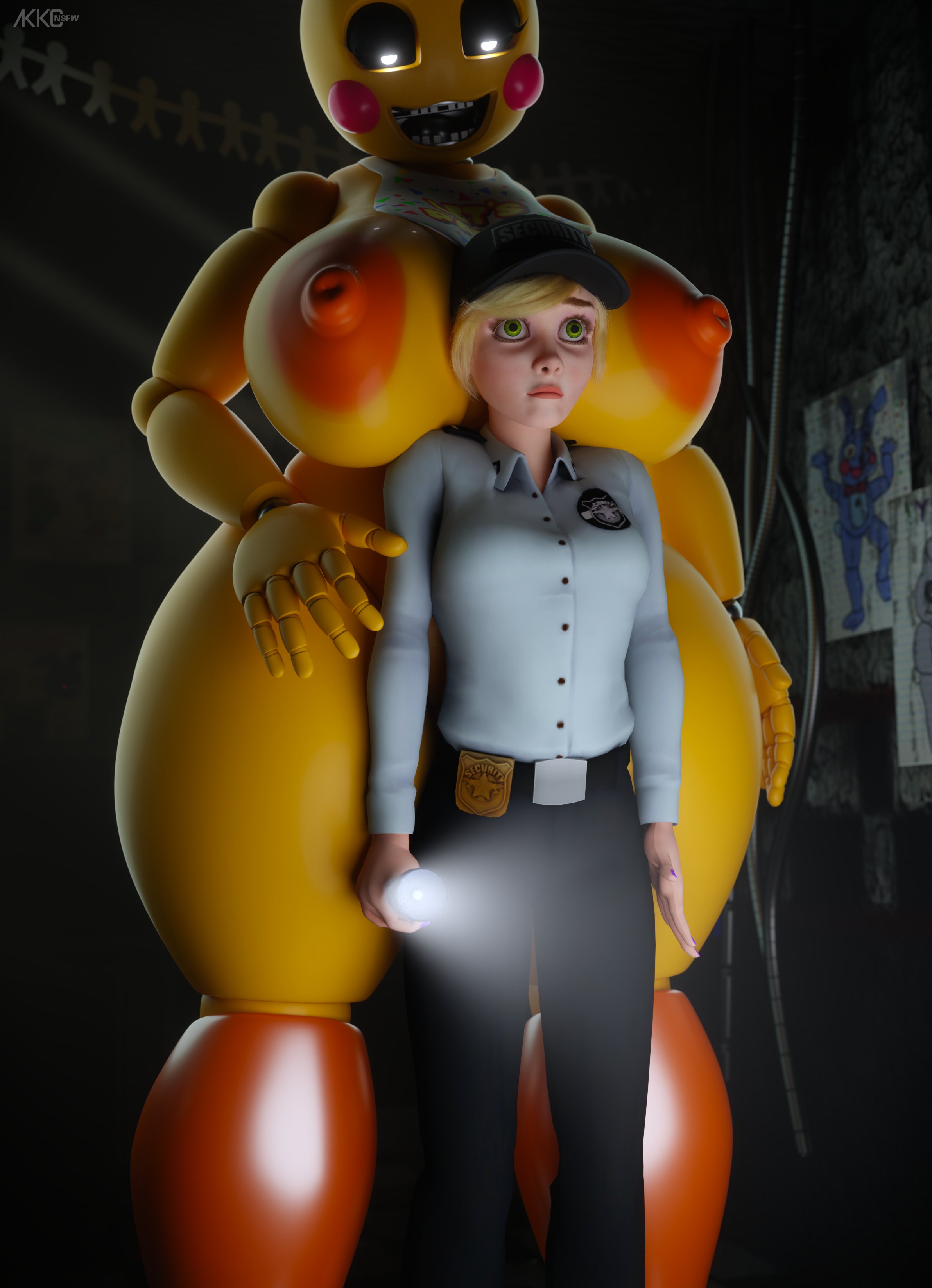 2girls, 3d, akkonsfw, animatronic, animatronic female, blonde female, blonde hair, female, female only, five nights at freddy's, five nights at freddy's 2, five nights at freddy's: security breach, green eyes, huge breasts, human, human female, runaboo chica, scared, security guard, toy chica (fnaf), vanessa (fnaf)