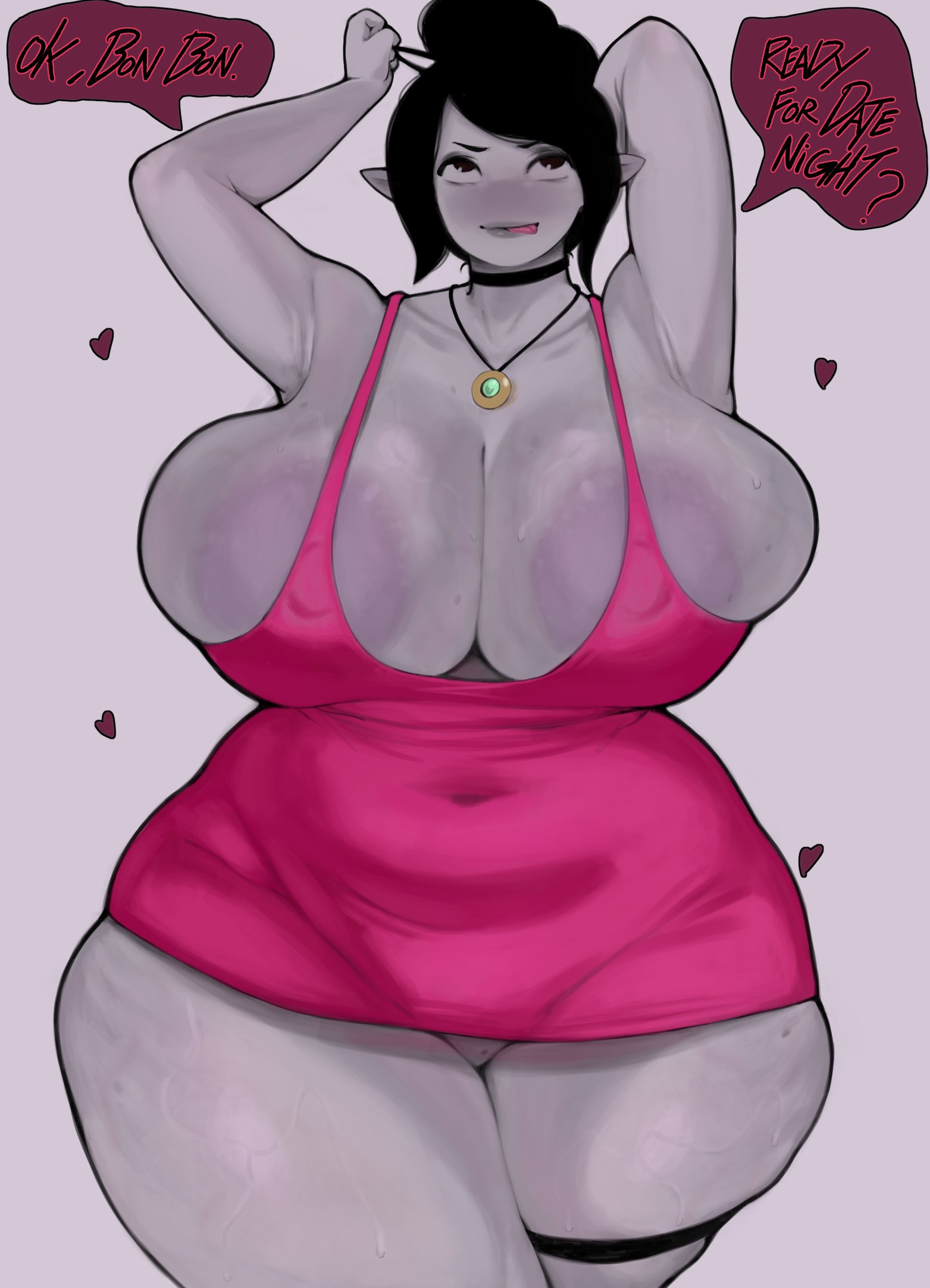 adventure time, alternate hairstyle, areola slip, areolae, arms up, belly, black hair, cleavage, covered navel, curvy, female, female only, grey skin, huge breasts, marceline, moisty boo, necktie, pointy ears, short hair, skindentation, thick thighs, tongue out, wide hips