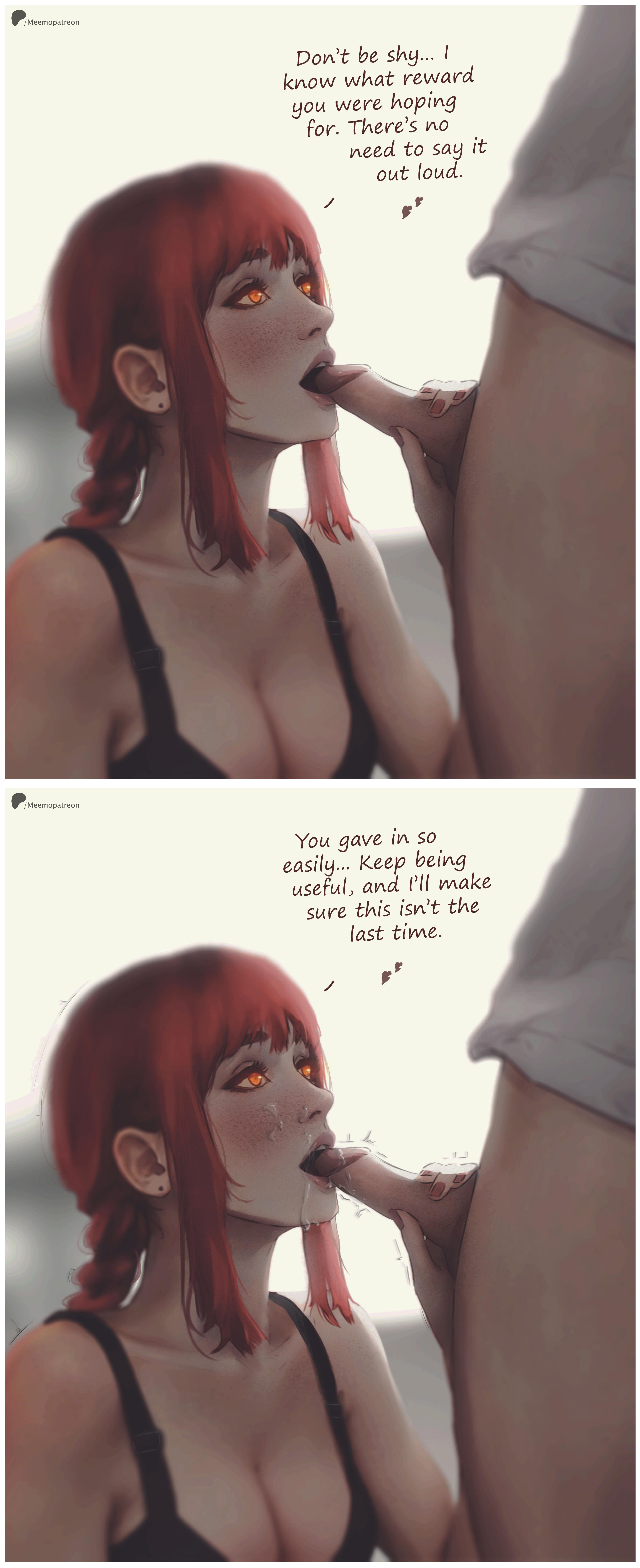 18yo, blowjob, blowjob only, bottomless, bra, breasts, chainsaw man, cock, cum, cum in mouth, cum on face, demon girl, denji (chainsaw man), dialogue, dick, dick on face, dominant, dominant female, female, female focus, glowing eyes, holding penis, lipstick, makima (chainsaw man), meemo.psd, milf, mommy, older female, pale skin, patreon, red hair, reward, scene reference, seductive, seductive look, semen, sperm, stroking penis, sucking, text, voluptuous female, white background, yellow eyes