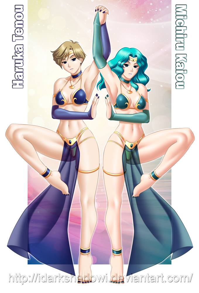 2girls barefoot belly_dancer belly_dancer_outfit bishoujo_senshi_sailor_moon blonde_hair bridal_gauntlets clothing dancer dancer_outfit feet female female_only green_hair harem_outfit haruka_tenou holding_hands hourglass_figure human metal_bikini michiru_kaiou multiple_females nail_polish sailor_neptune sailor_uranus slave slave_bikini slave_outfit teal_hair thedarkness tiara toenail_polish tomboy