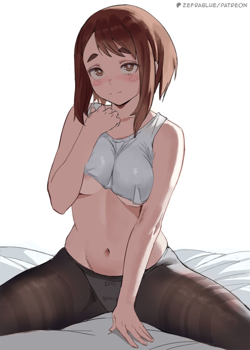 1girls, 2d, blush, brown hair, clothed, clothing, female, female only, front view, kind eyes, looking at viewer, medium breasts, my hero academia, nipple bulge, nipple peek, nipples visible through clothing, no bra, ochako uraraka, on bed, pantyhose, solid color background, solo, solo female, stockings, white background, zefra bleu