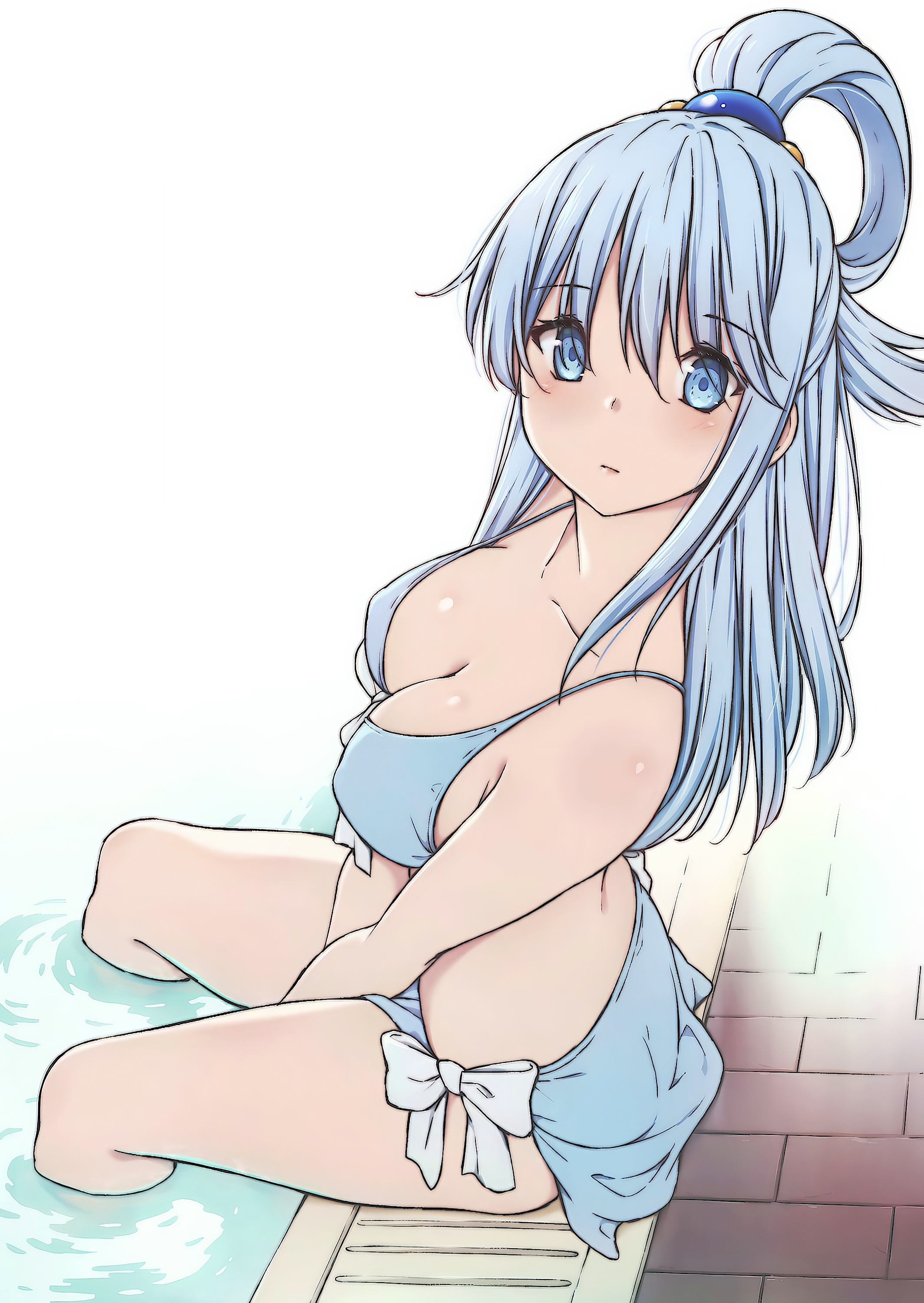 aqua (konosuba), bikini, blue bikini, blue eyes, blue hair, female, female only, kono subarashii sekai ni shukufuku wo!, long hair, looking at viewer, medium breasts, sitting, wakkuchin20