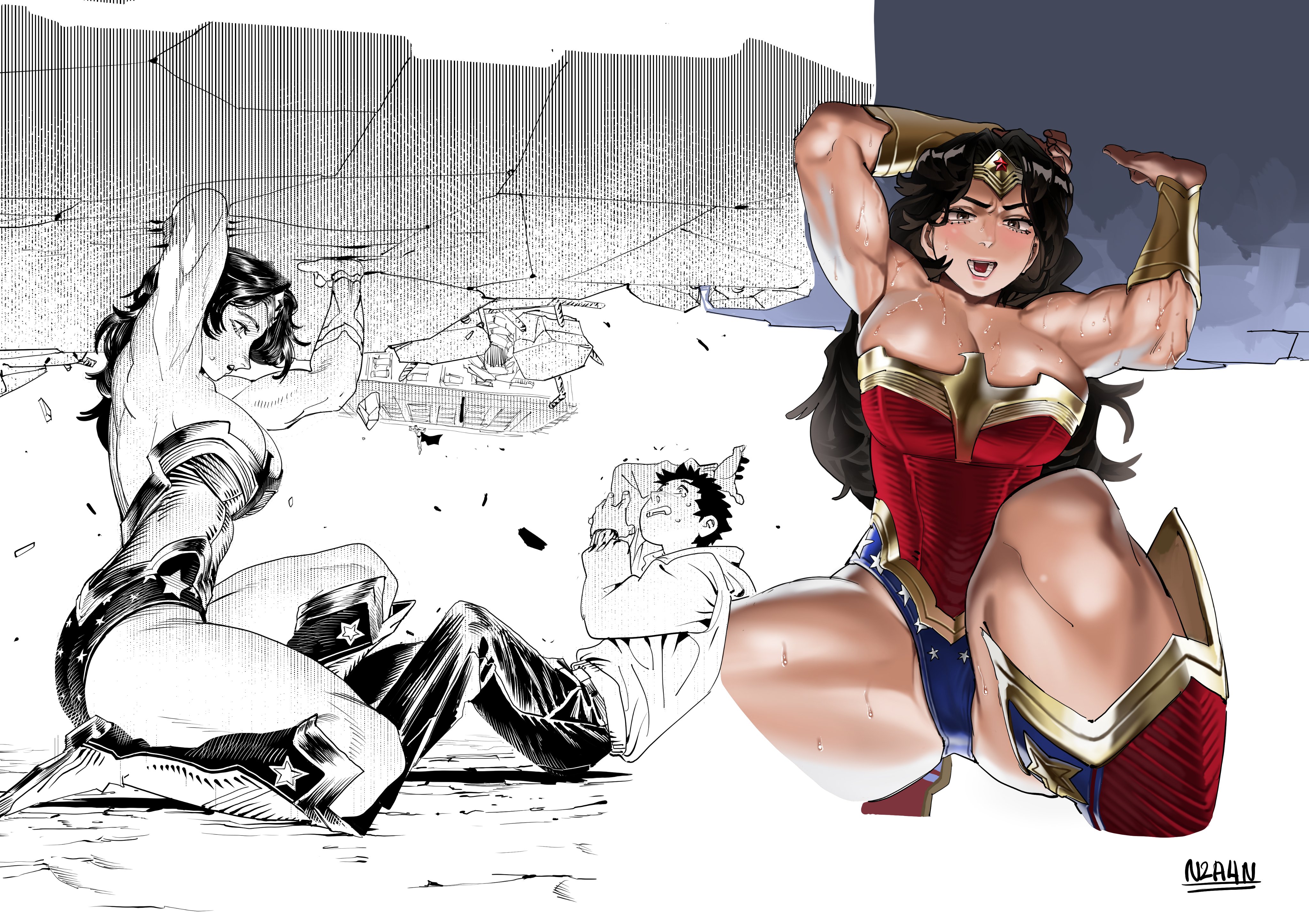 1boy, 1girls, arnanra, ass, athletic, athletic female, big ass, big boobs, big breasts, big butt, big tits, boobs, boots, bracelet, breasts, butt, circlet, cleavage, clothed, curvaceous, curvaceous body, curvaceous female, curvaceous figure, curvaceous hips, curvy, curvy body, curvy female, curvy figure, dc, dc comics, diana of themyscira, diana prince, fat ass, fat butt, female, hips, leotard, long hair, long hair female, male, muscular, muscular biceps, muscular female, muscular thighs, older female, superheroine, thick ass, thick butt, thick hips, thick thighs, thighs, tits, wide hips, wonder woman, wonder woman (series), younger male