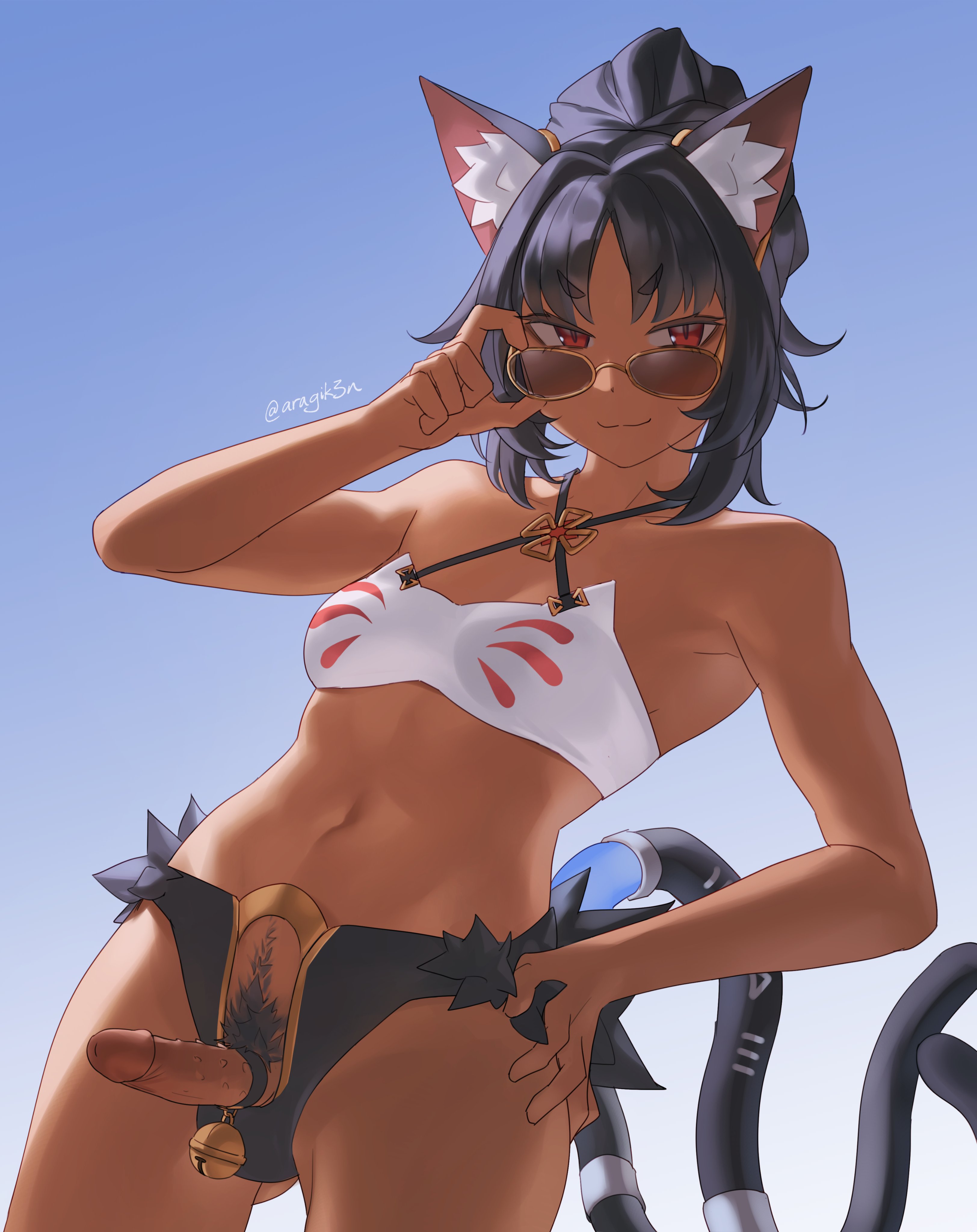 aragiken, bell, futanari, looking at viewer, nekomiya mana, pubic hair, solo, solo futa, swimsuit, zenless zone zero