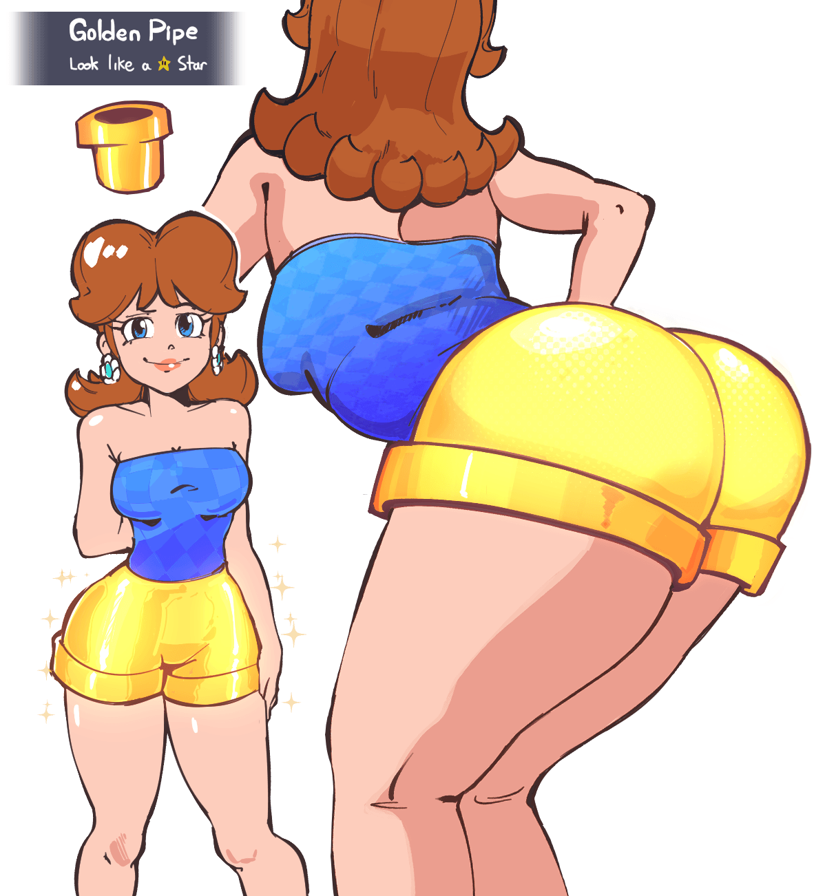 1girls, ass, ass focus, big ass, booty shorts, breasts, brown hair, dat ass, female, female focus, female only, gold clothing, golden clothing, golden week, immisterplow, mario (series), mrplow34, princess daisy, simple background, solo, solo female, solo focus, tagme, thick thighs, thighs