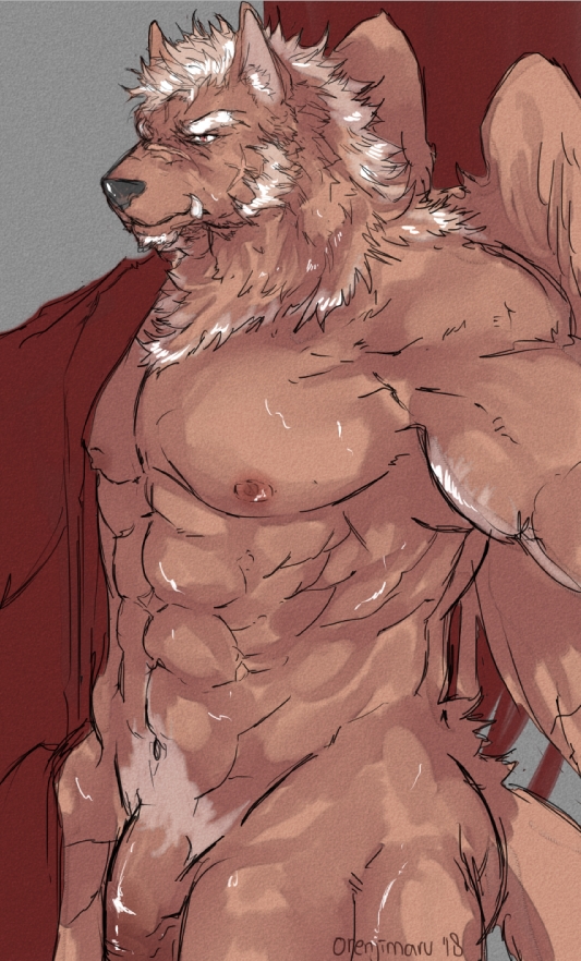 abs big_penis canine clothing demon flaccid kemono male male_only mammal marchosias_(tokyo_afterschool_summoners) muscular muscular_male nipples orenjimaru pecs penis robe scar tokyo_afterschool_summoners undressing wings wolf