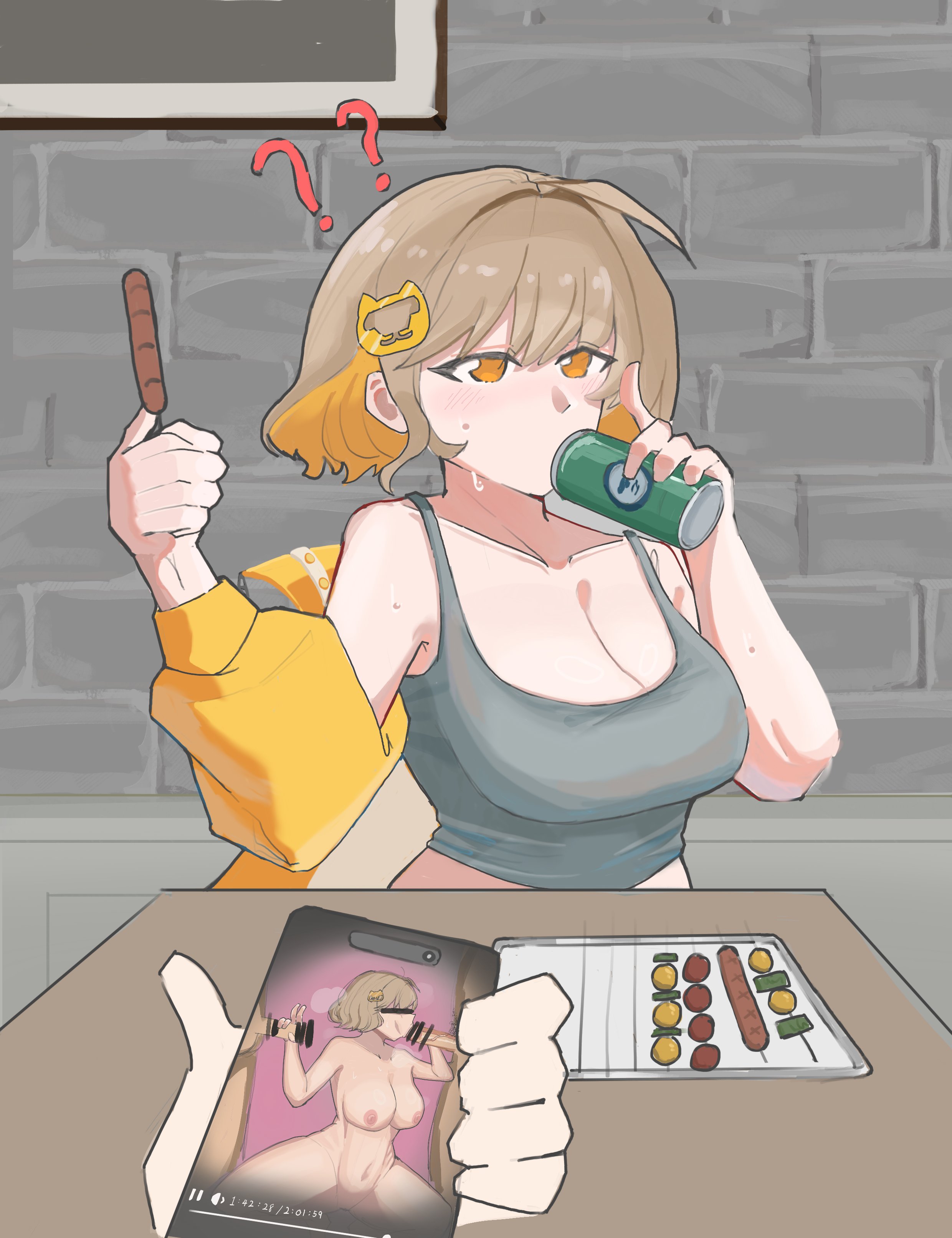 ??, 1girls, 3boys, anis (nikke), areolae, bar censor, beer, beer can, belly button, blowjob, blush, breasts, brown hair, can, censored, cheating (relationship), cheating girlfriend, cleavage, cuckold pov, dark-skinned male, drinking, drinking beer, eating, eating food, fellatio, ffm threesome, food, goddess of victory: nikke, hair ornament, handjob, huge breasts, indoors, leaf painting, light skin, light-skinned female, male pov, nipples, orange eyes, phone, pov, question marks, restaurant, sausages, smartphone, table, threesome, video (object)