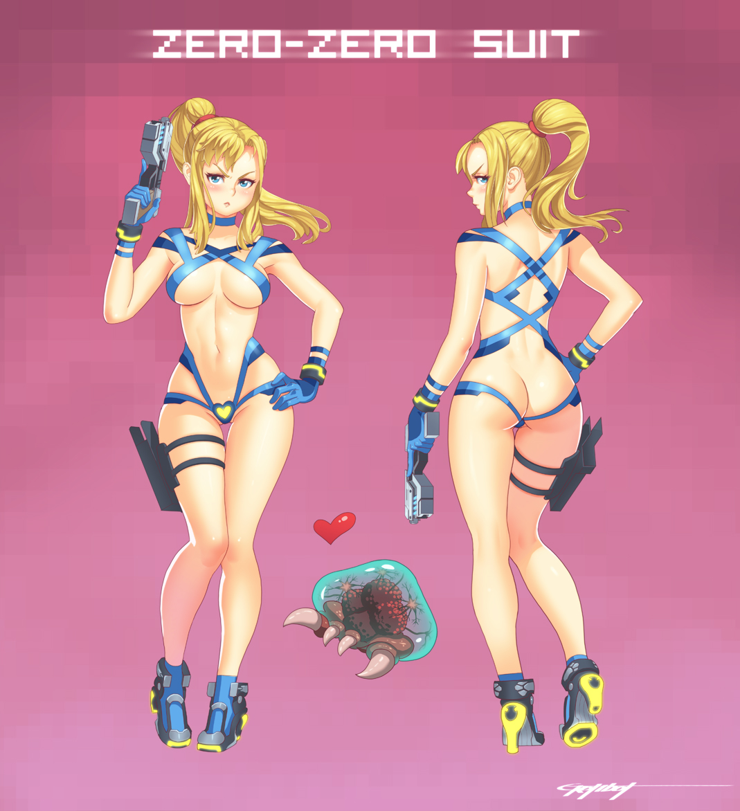angry, ass, blonde hair, blue eyes, bracelet, breasts, choker, embarrassed, erotibot, female, firearm, gloves, gun, hand on hip, handgun, holster, human, metroid, metroid (creature), navel, nintendo, ponytail, pose, rocket heels, samus aran, standing, thigh strap, tied hair, underboob, weapon