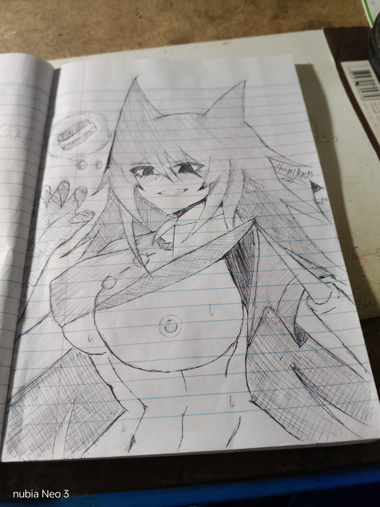 breasts, breasts out, drawn, female, female focus, female only, fundamental paper education, hand drawn, lifting shirt, miss circle (fundamental paper education), shirt, shirt lift, solo, solo female, solo focus, toned, toned female