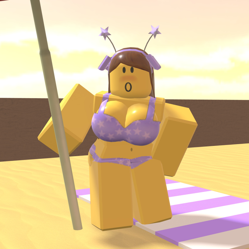 1girl, 1girls, 3d, 3d (artwork), beach, beach background, beach towel, beach umbrella, being watched, belly button, bikini, bikini bottom, bikini top, blocky body, bloxzrd, bloxzrd (artist), blush, blushing, breasts, brown hair, female, female only, hips, large ass, large breasts, long hair, looking at viewer, plutonicylw, public, public exposure, public indecency, public nudity, retro, retro artstyle, roblox, roblox avatar, roblox studio, robloxian, solo, solo focus, style emulation, style imitation, style parody, thick thighs, thighs, video games, winking at viewer, yellow body, yellow skin