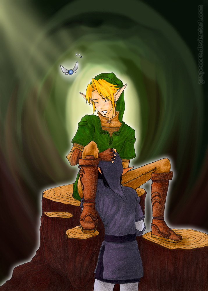 alternate_hair_color blonde_hair blush boots dark_hair dark_link elf forest gay grapecore link link_(twilight_princess) male ocarina_of_time oral outdoors outside selfcest the_legend_of_zelda yaoi