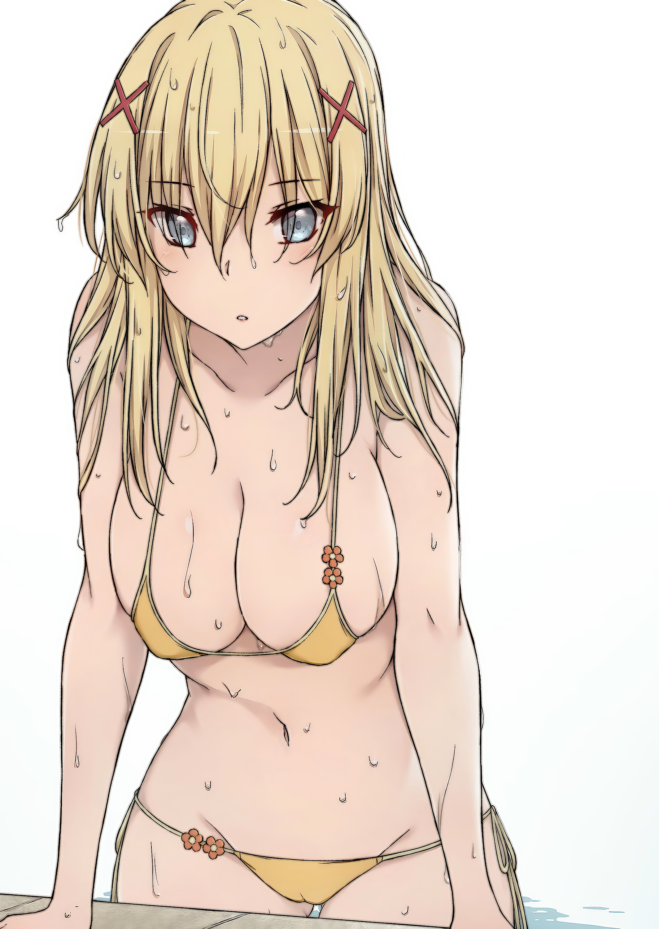 bent over, bikini, blonde, blonde hair, blue eyes, cameltoe, curvy, darkness (konosuba), kono subarashii sekai ni shukufuku wo!, large breasts, long hair, wakkuchin20, wet
