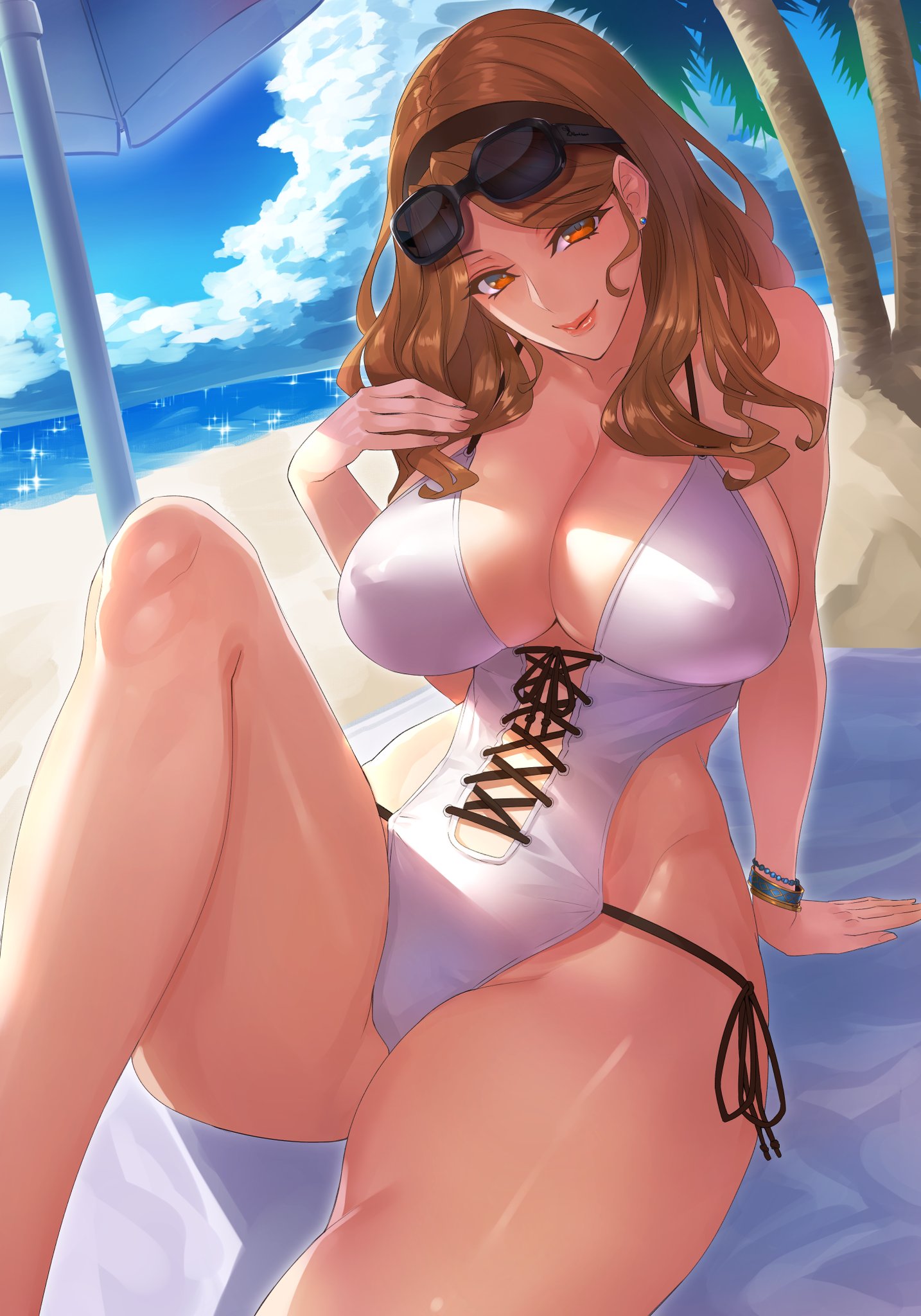 :d, arm support, beach, beach mat, beach umbrella, bent knees, bracelet, breasts, brown hair, cleavage, cloud, cowboy shot, cross-laced clothes, damegane, earrings, erect nipples, erect nipples under clothes, eyebrows visible through hair, female, groin, hand on chest, hand on own chest, head tilt, headband, high resolution, huge breasts, jewelry, large breasts, long hair, nipples, ocean, one leg raised, one-piece swimsuit, open mouth, original, palm tree, red eyes, reflection, side-tie swimsuit, sitting, sky, smile, solo, stud earrings, sunglasses, sunglasses on head, swimsuit, thighs, tree, umbrella, white swimsuit